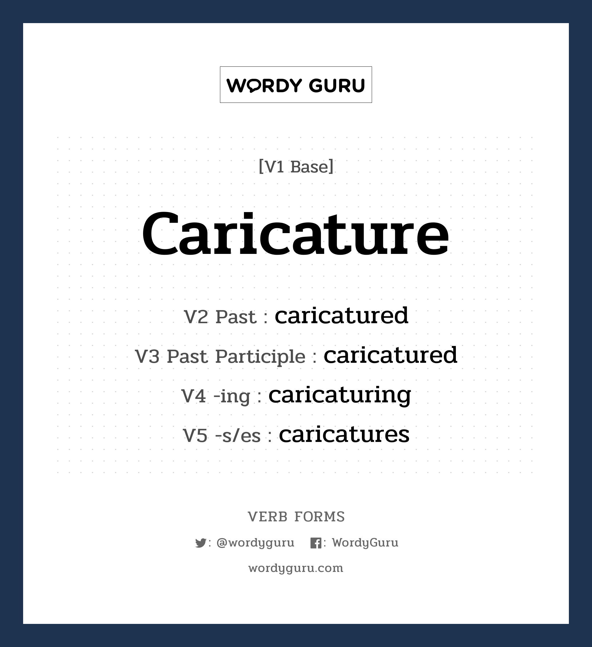 caricature คำกริยาคืออะไร, V1 Base caricature V2 Past caricatured V3 Past Participle caricatured V4 -ing caricaturing V5 -s/es caricatures หมวด base-form, regular