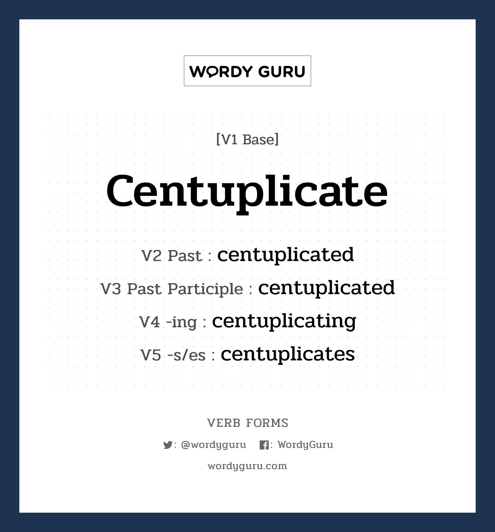 centuplicate คำกริยาคืออะไร, V1 Base centuplicate V2 Past centuplicated V3 Past Participle centuplicated V4 -ing centuplicating V5 -s/es centuplicates หมวด base-form, regular