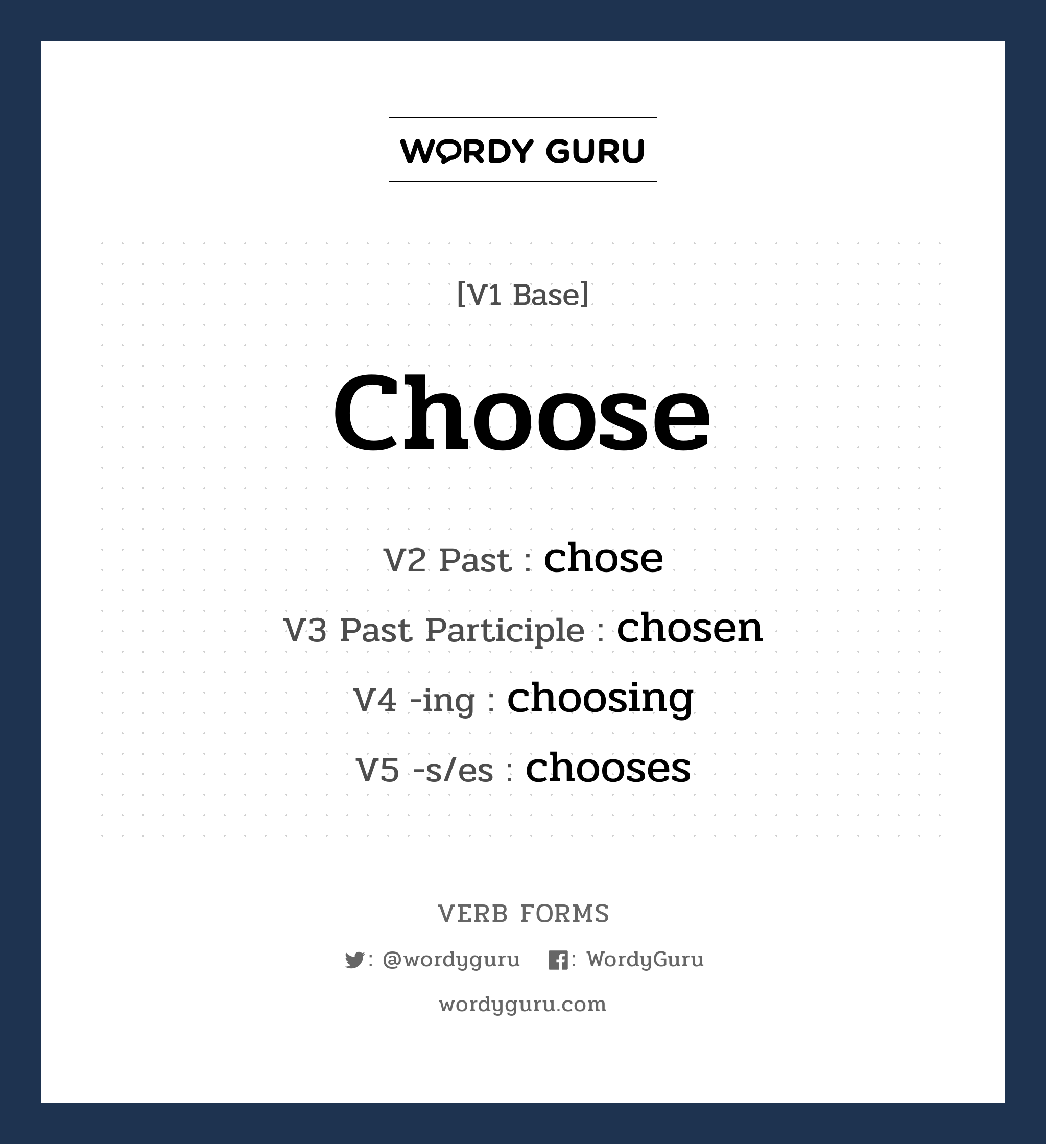 choose คำกริยาคืออะไร, V1 Base choose V2 Past chose V3 Past Participle chosen V4 -ing choosing V5 -s/es chooses หมวด base-form, irregular