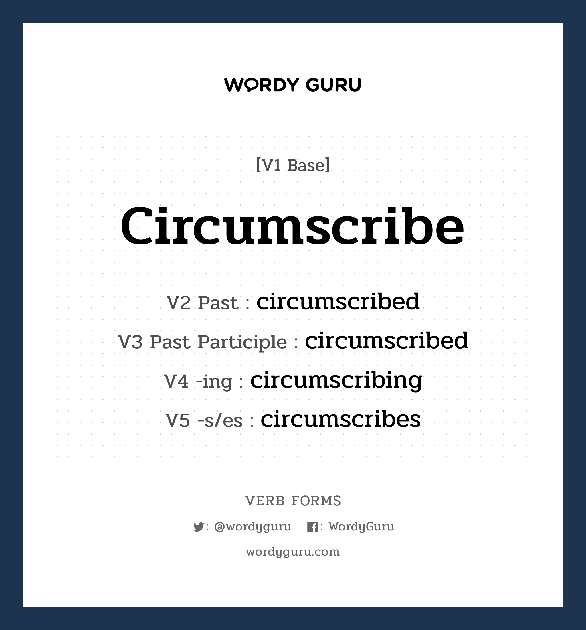 circumscribe คำกริยาคืออะไร, V1 Base circumscribe V2 Past circumscribed V3 Past Participle circumscribed V4 -ing circumscribing V5 -s/es circumscribes หมวด base-form, regular