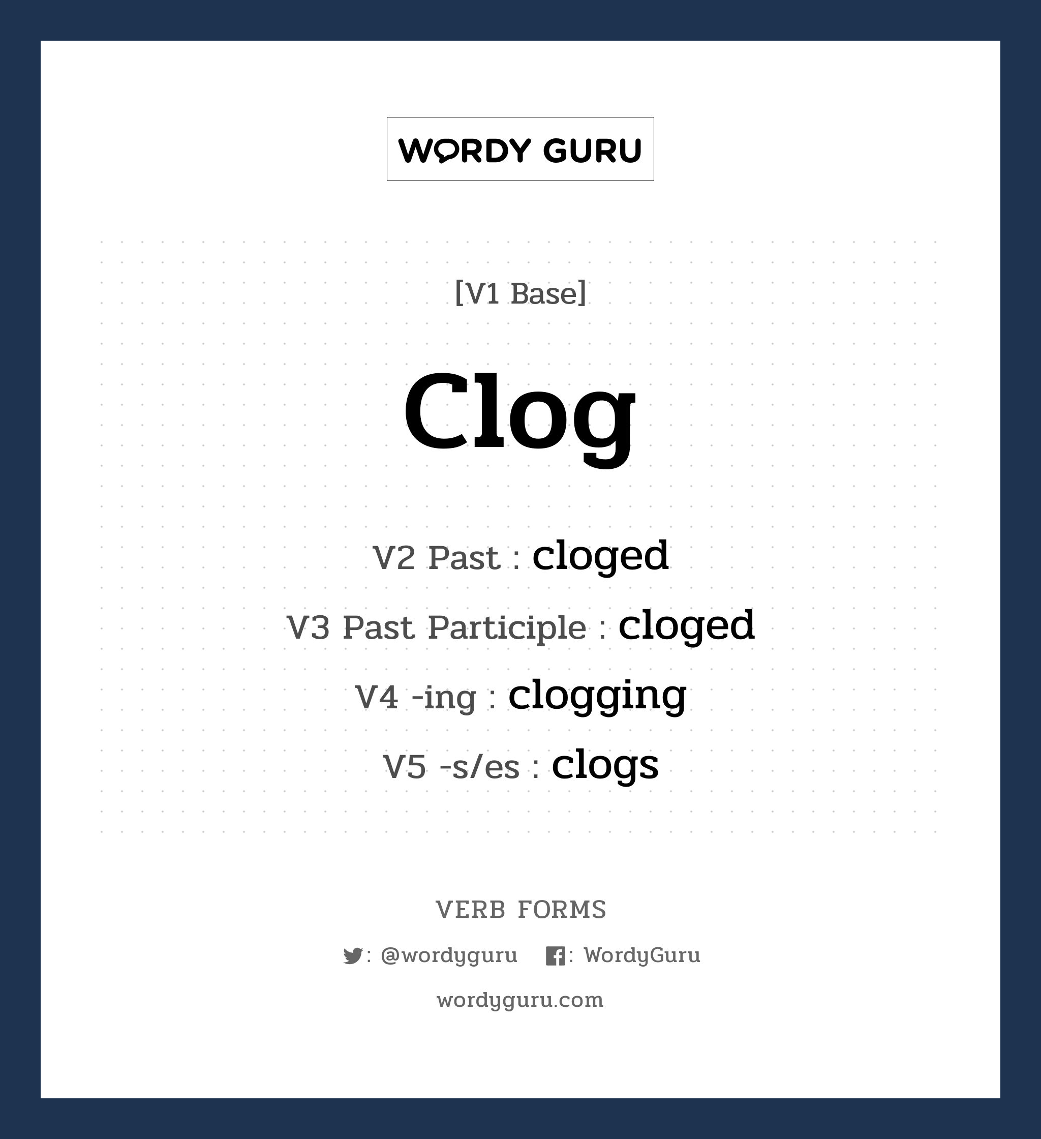 clog คำกริยาคืออะไร, V1 Base clog V2 Past cloged V3 Past Participle cloged V4 -ing clogging V5 -s/es clogs หมวด base-form, regular