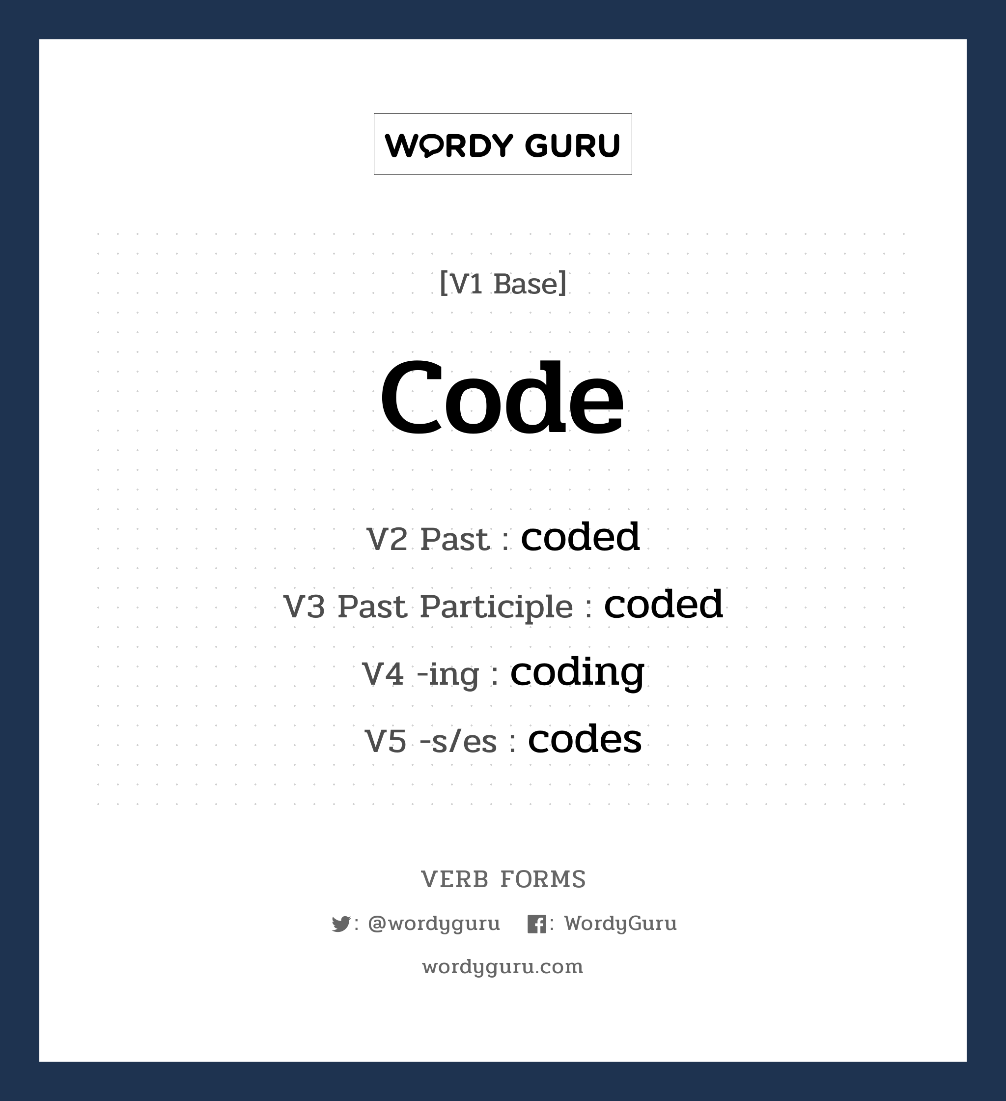 code คำกริยาคืออะไร, V1 Base code V2 Past coded V3 Past Participle coded V4 -ing coding V5 -s/es codes หมวด base-form, regular