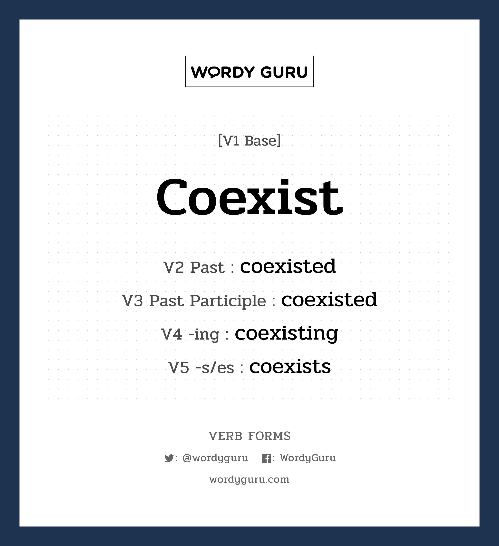 coexist คำกริยาคืออะไร, V1 Base coexist V2 Past coexisted V3 Past Participle coexisted V4 -ing coexisting V5 -s/es coexists หมวด base-form, regular