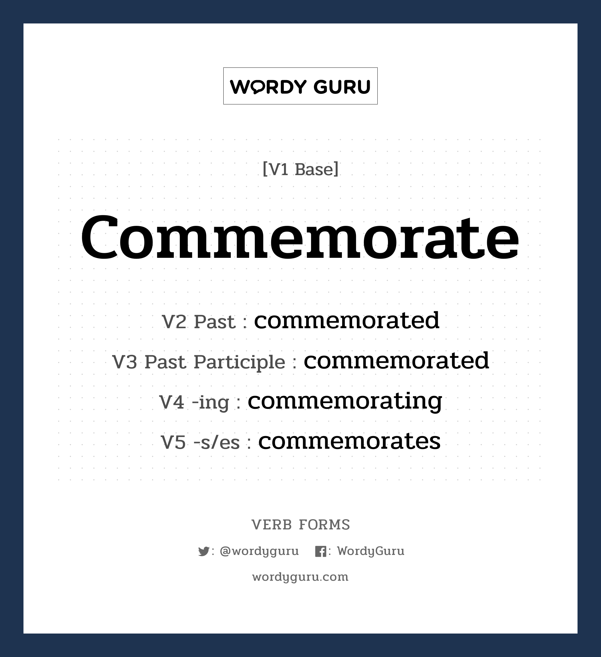 commemorate คำกริยาคืออะไร, V1 Base commemorate V2 Past commemorated V3 Past Participle commemorated V4 -ing commemorating V5 -s/es commemorates หมวด base-form, regular