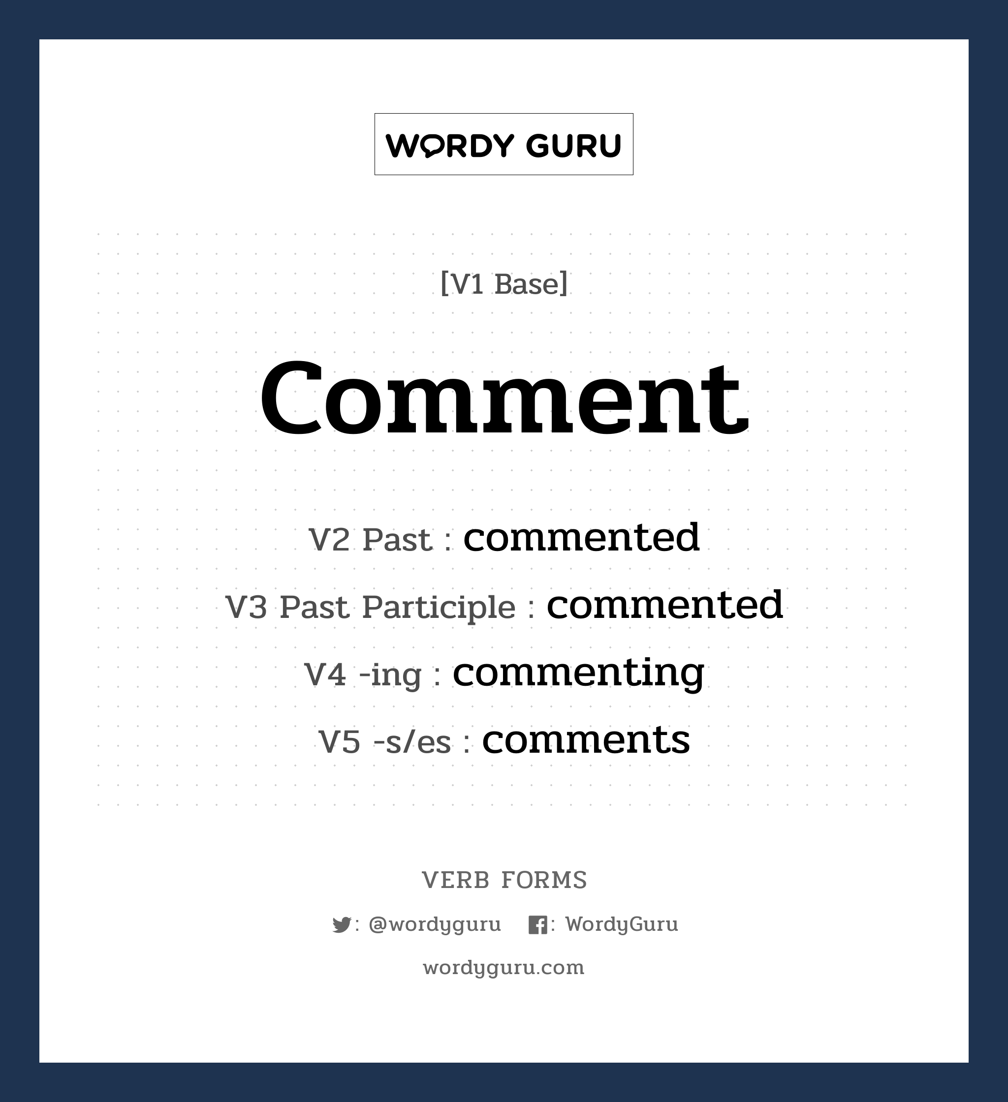 comment คำกริยาคืออะไร, V1 Base comment V2 Past commented V3 Past Participle commented V4 -ing commenting V5 -s/es comments หมวด base-form, regular