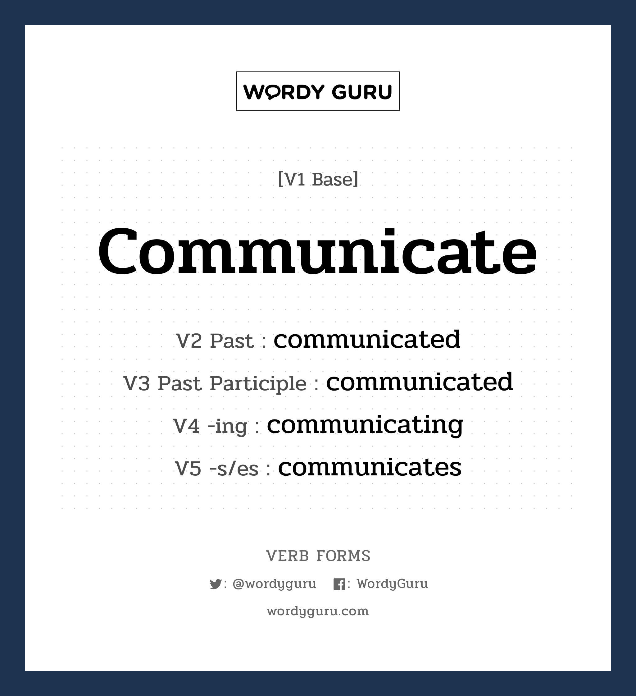 communicate คำกริยาคืออะไร, V1 Base communicate V2 Past communicated V3 Past Participle communicated V4 -ing communicating V5 -s/es communicates หมวด base-form, regular