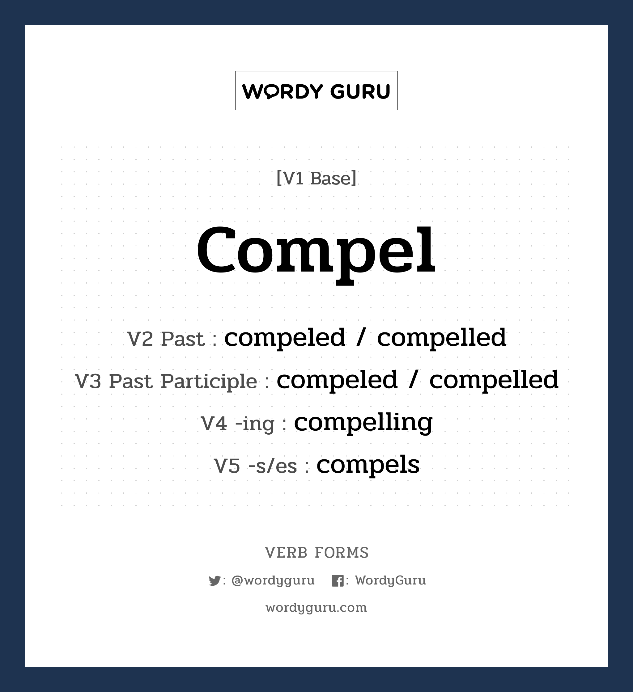 compel คำกริยาคืออะไร, V1 Base compel V2 Past compeled / compelled V3 Past Participle compeled / compelled V4 -ing compelling V5 -s/es compels หมวด base-form, regular
