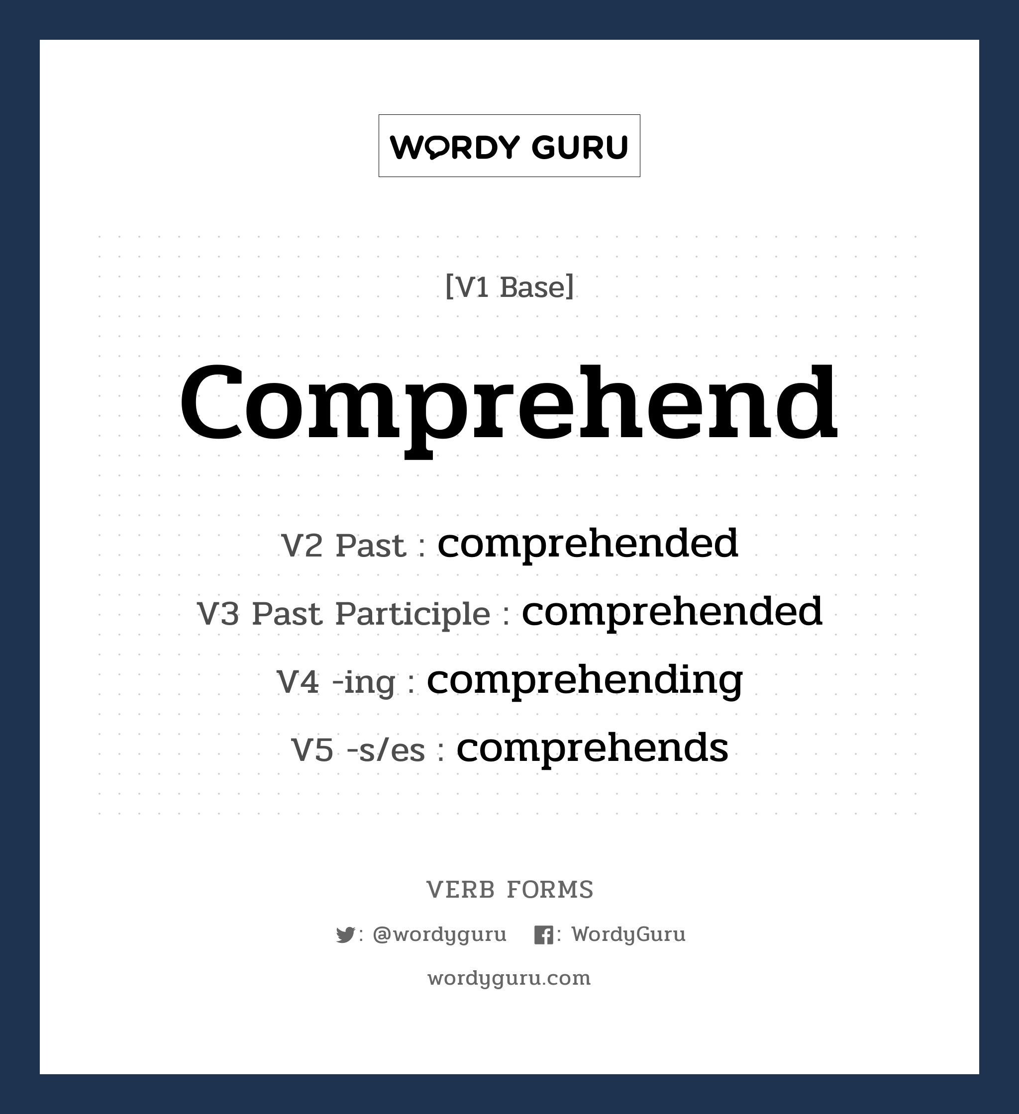 comprehend คำกริยาคืออะไร, V1 Base comprehend V2 Past comprehended V3 Past Participle comprehended V4 -ing comprehending V5 -s/es comprehends หมวด base-form, regular