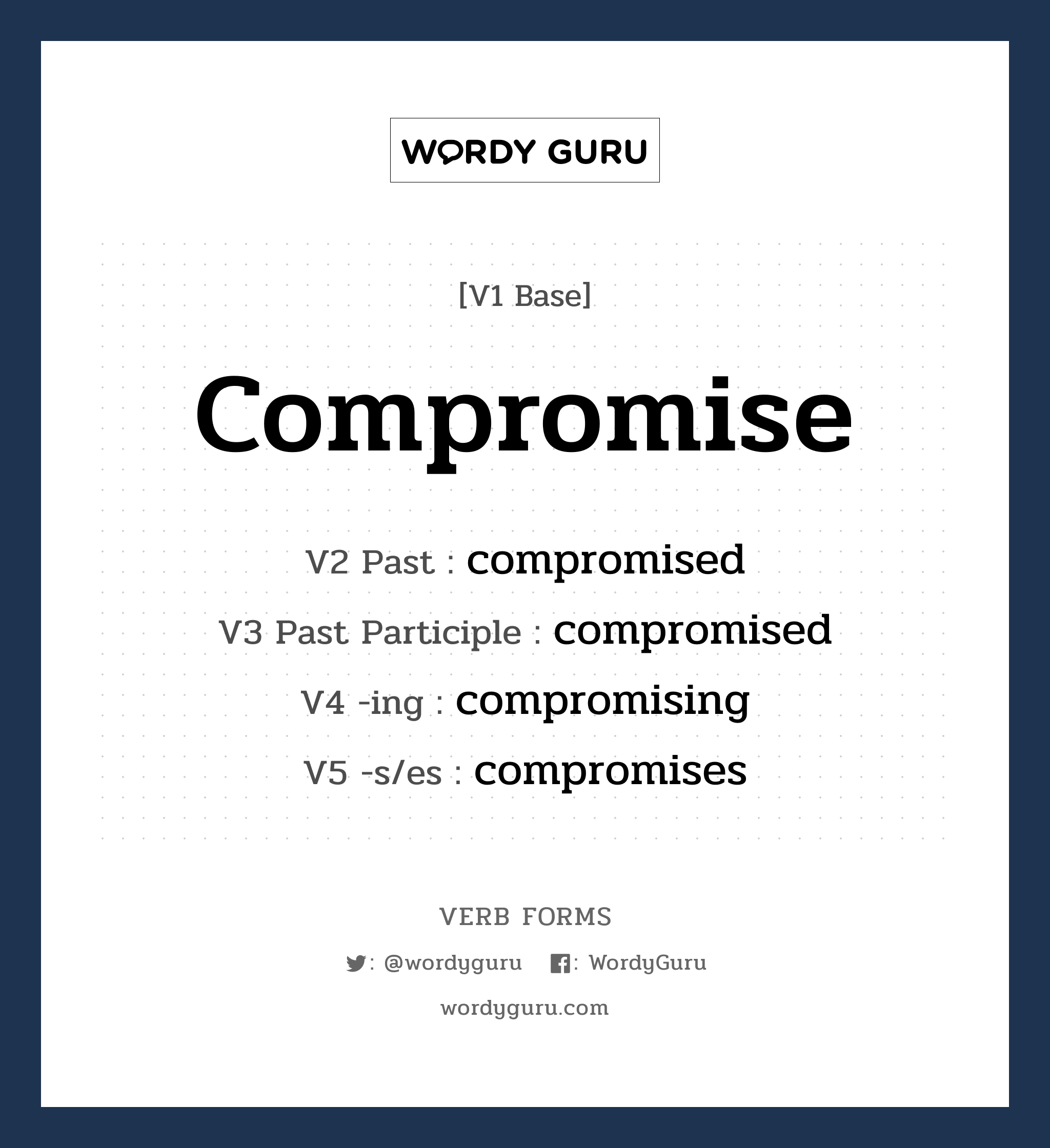 compromise คำกริยาคืออะไร, V1 Base compromise V2 Past compromised V3 Past Participle compromised V4 -ing compromising V5 -s/es compromises หมวด base-form, regular