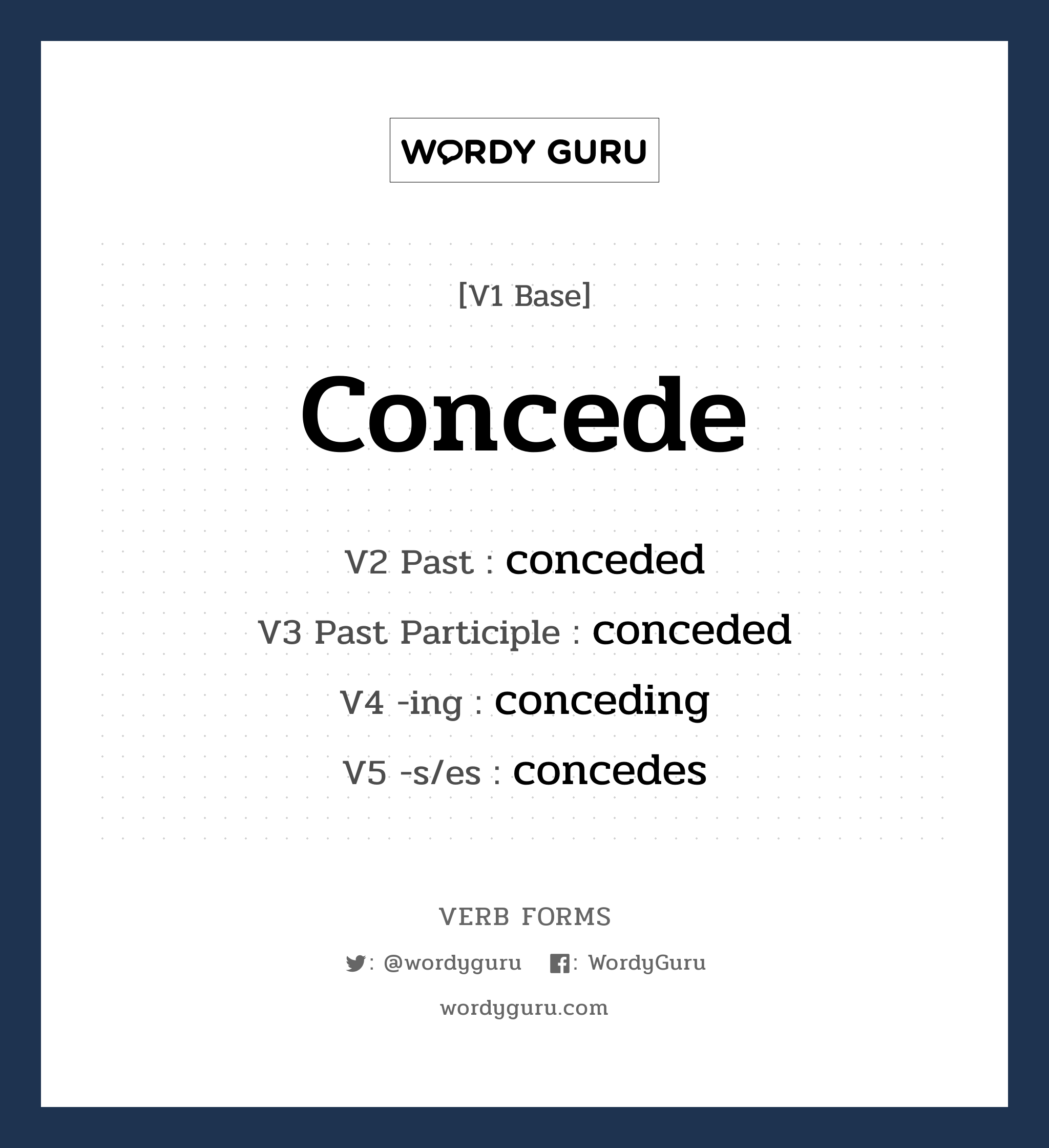 concede คำกริยาคืออะไร, V1 Base concede V2 Past conceded V3 Past Participle conceded V4 -ing conceding V5 -s/es concedes หมวด base-form, regular