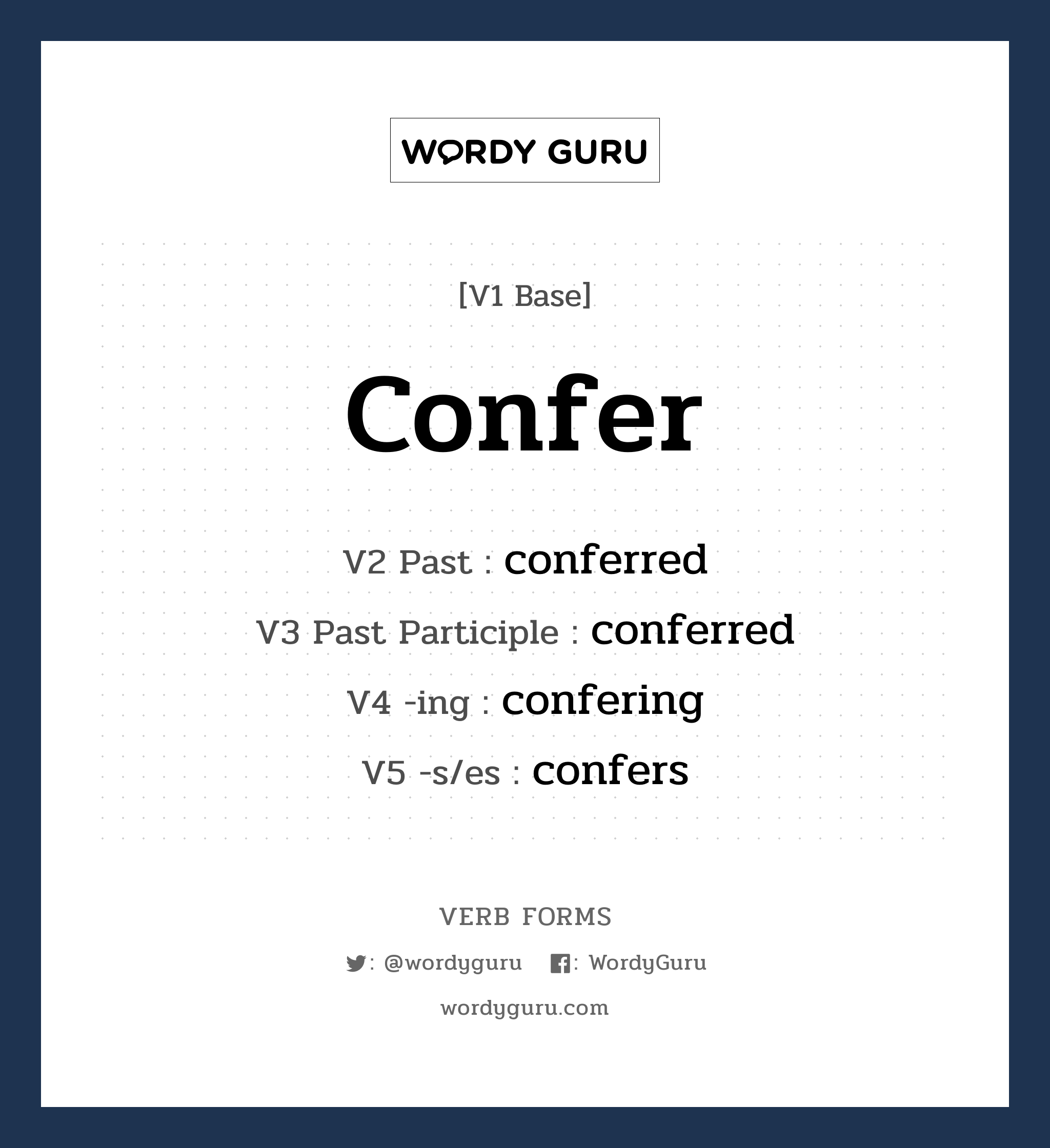 confer คำกริยาคืออะไร, V1 Base confer V2 Past conferred V3 Past Participle conferred V4 -ing confering V5 -s/es confers หมวด base-form, regular