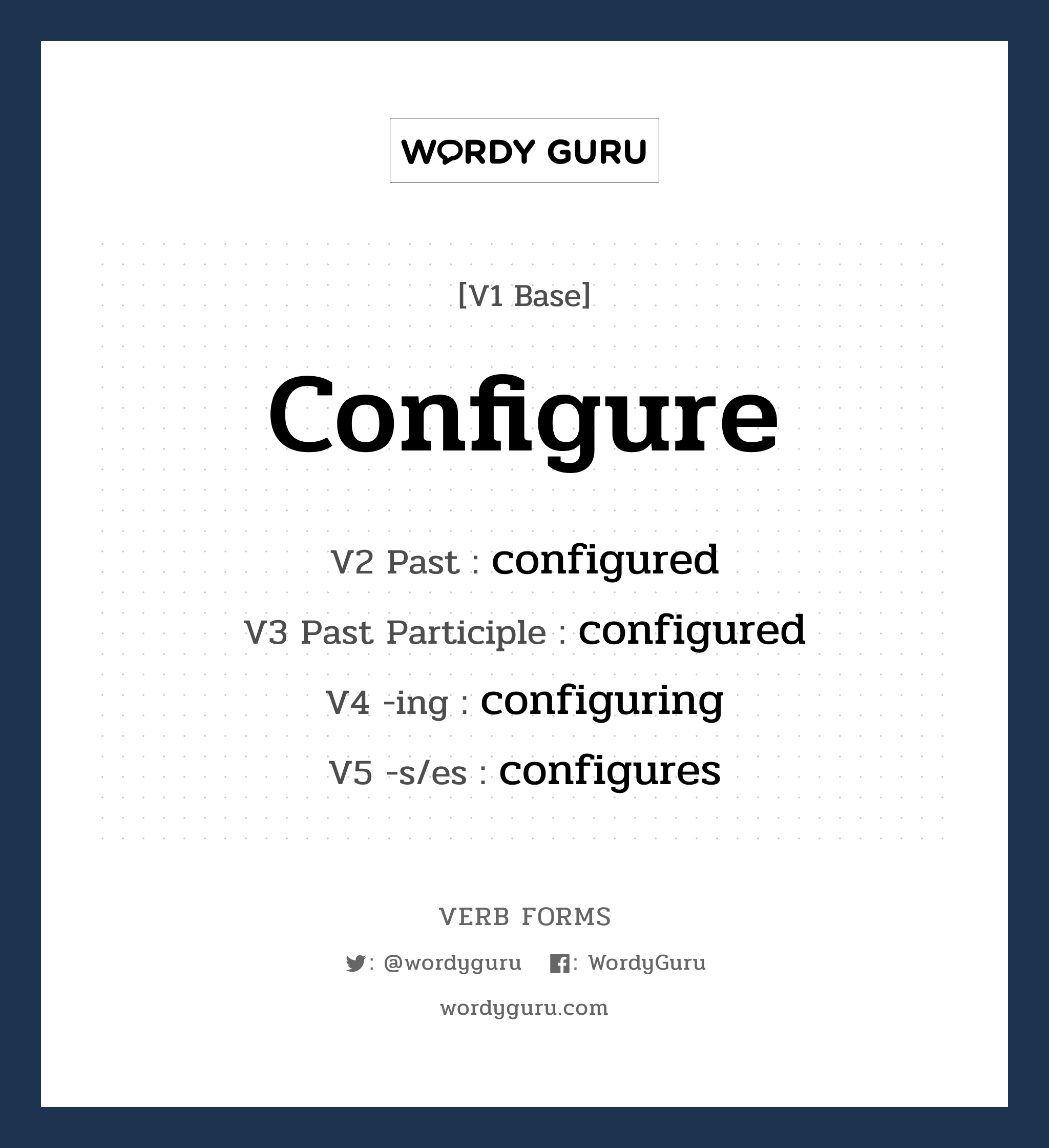 configure คำกริยาคืออะไร, V1 Base configure V2 Past configured V3 Past Participle configured V4 -ing configuring V5 -s/es configures หมวด base-form, regular