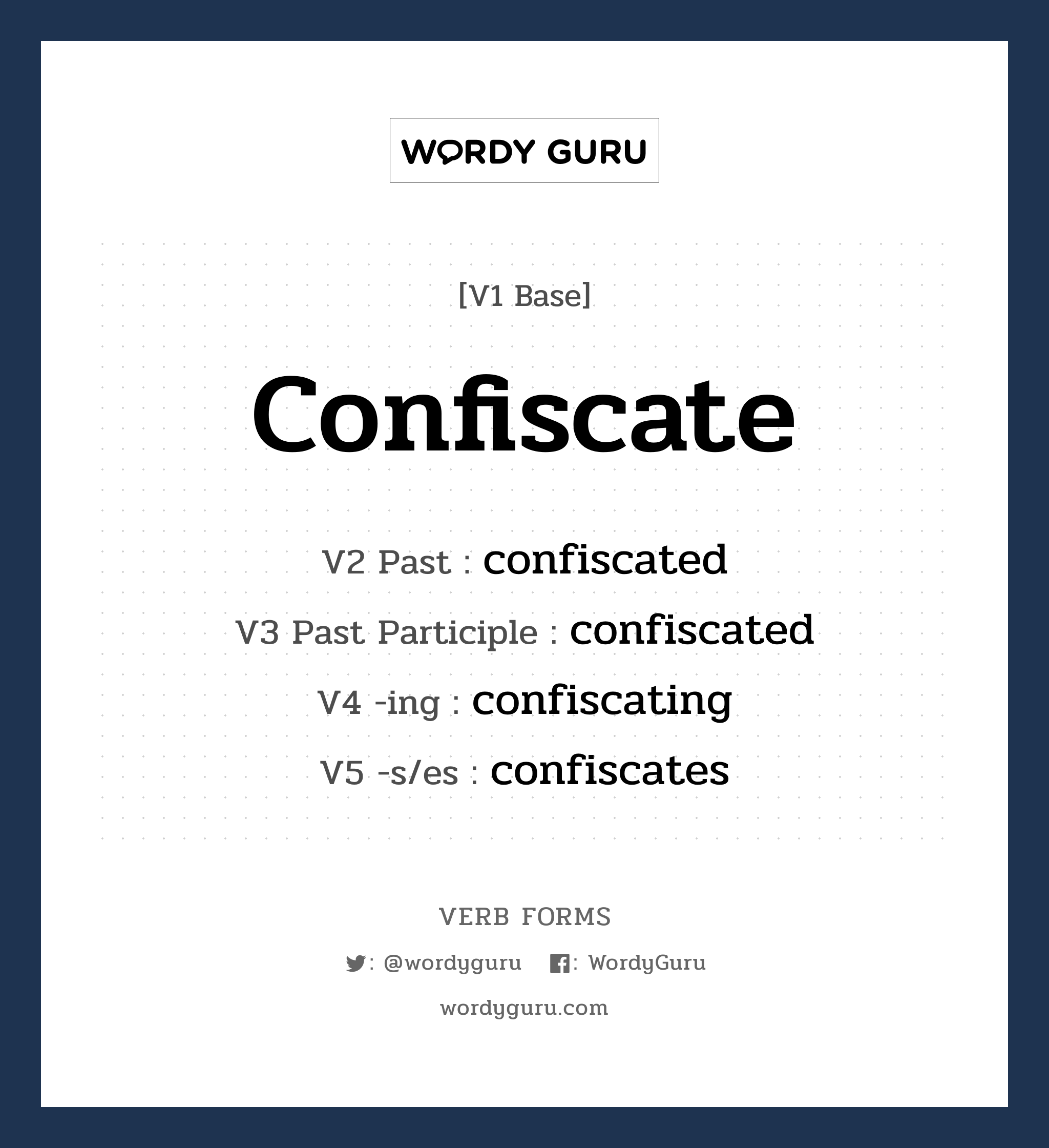 confiscate คำกริยาคืออะไร, V1 Base confiscate V2 Past confiscated V3 Past Participle confiscated V4 -ing confiscating V5 -s/es confiscates หมวด base-form, regular