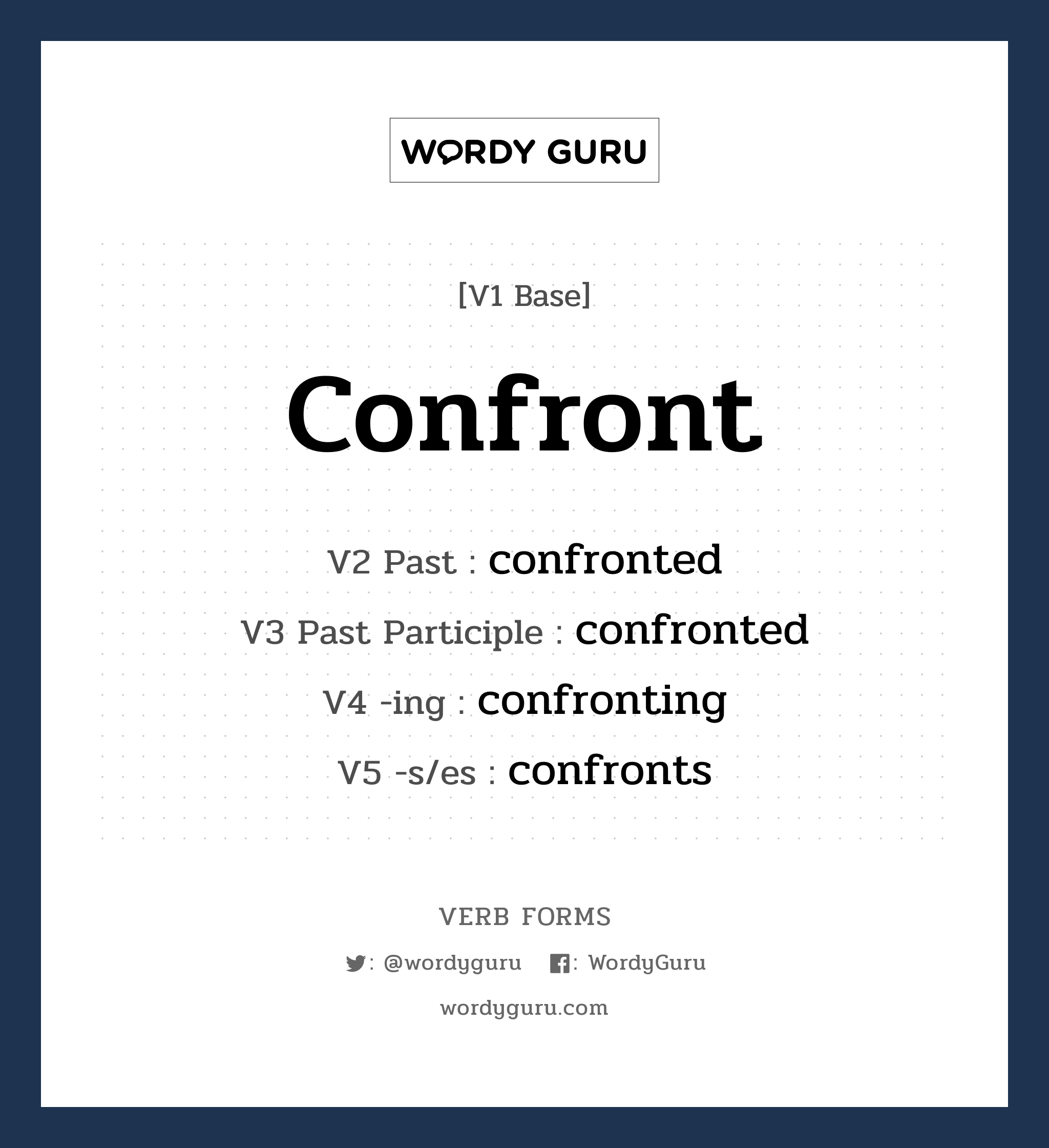 confront คำกริยาคืออะไร, V1 Base confront V2 Past confronted V3 Past Participle confronted V4 -ing confronting V5 -s/es confronts หมวด base-form, regular