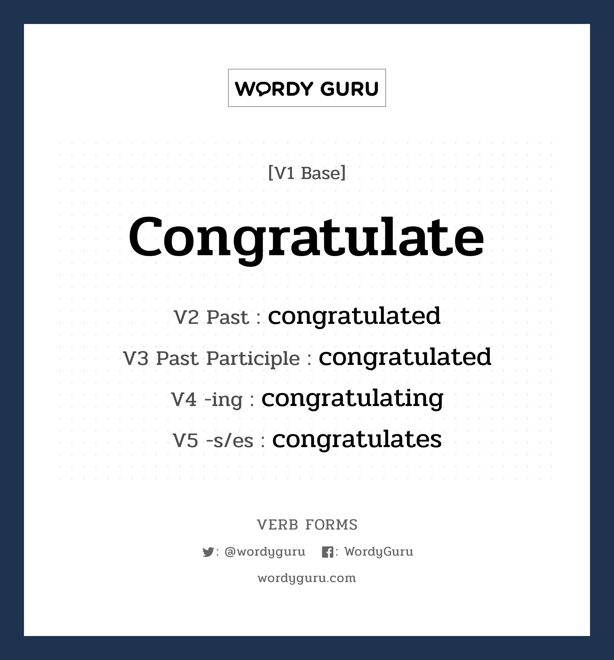 congratulate คำกริยาคืออะไร, V1 Base congratulate V2 Past congratulated V3 Past Participle congratulated V4 -ing congratulating V5 -s/es congratulates หมวด base-form, regular