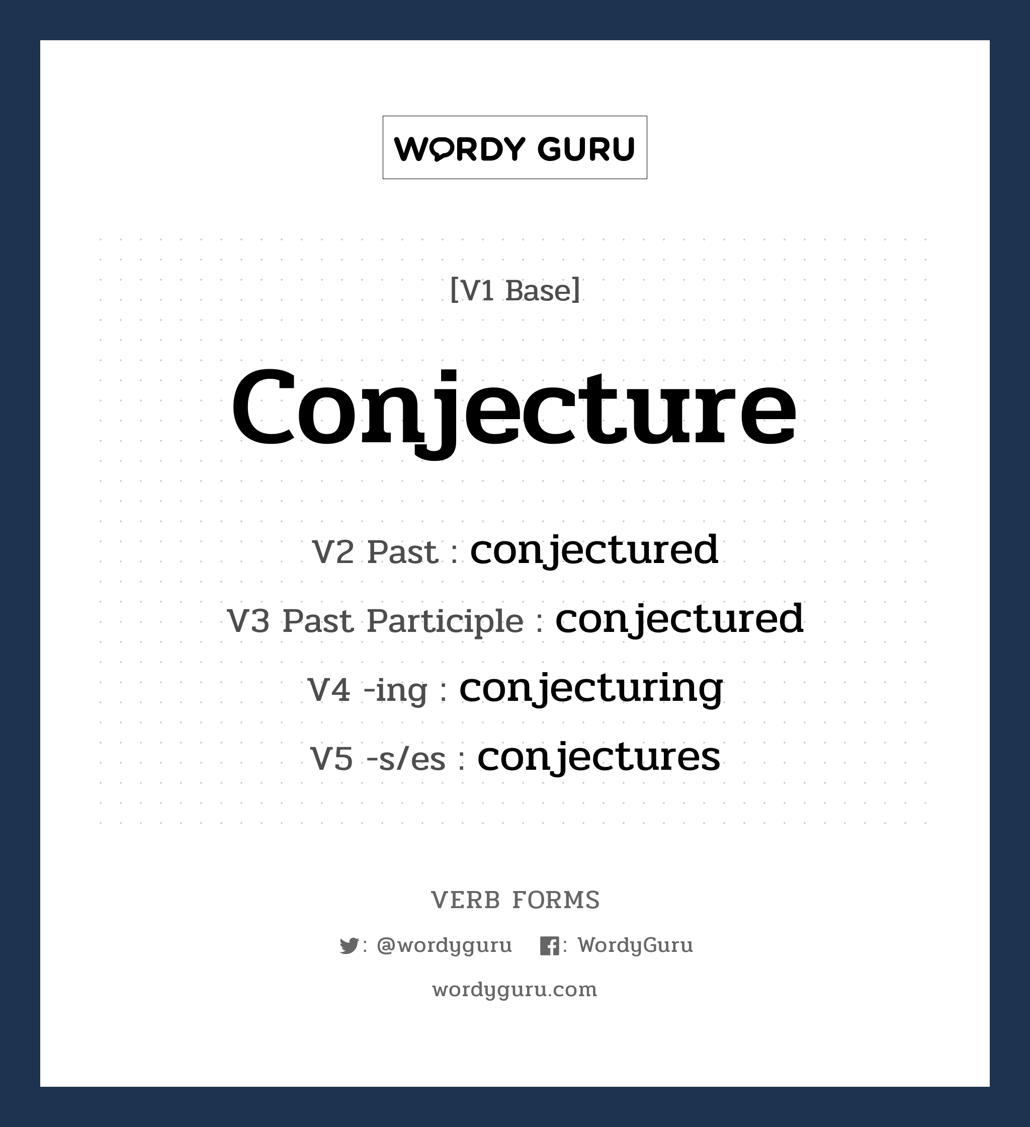 conjecture คำกริยาคืออะไร, V1 Base conjecture V2 Past conjectured V3 Past Participle conjectured V4 -ing conjecturing V5 -s/es conjectures หมวด base-form, regular