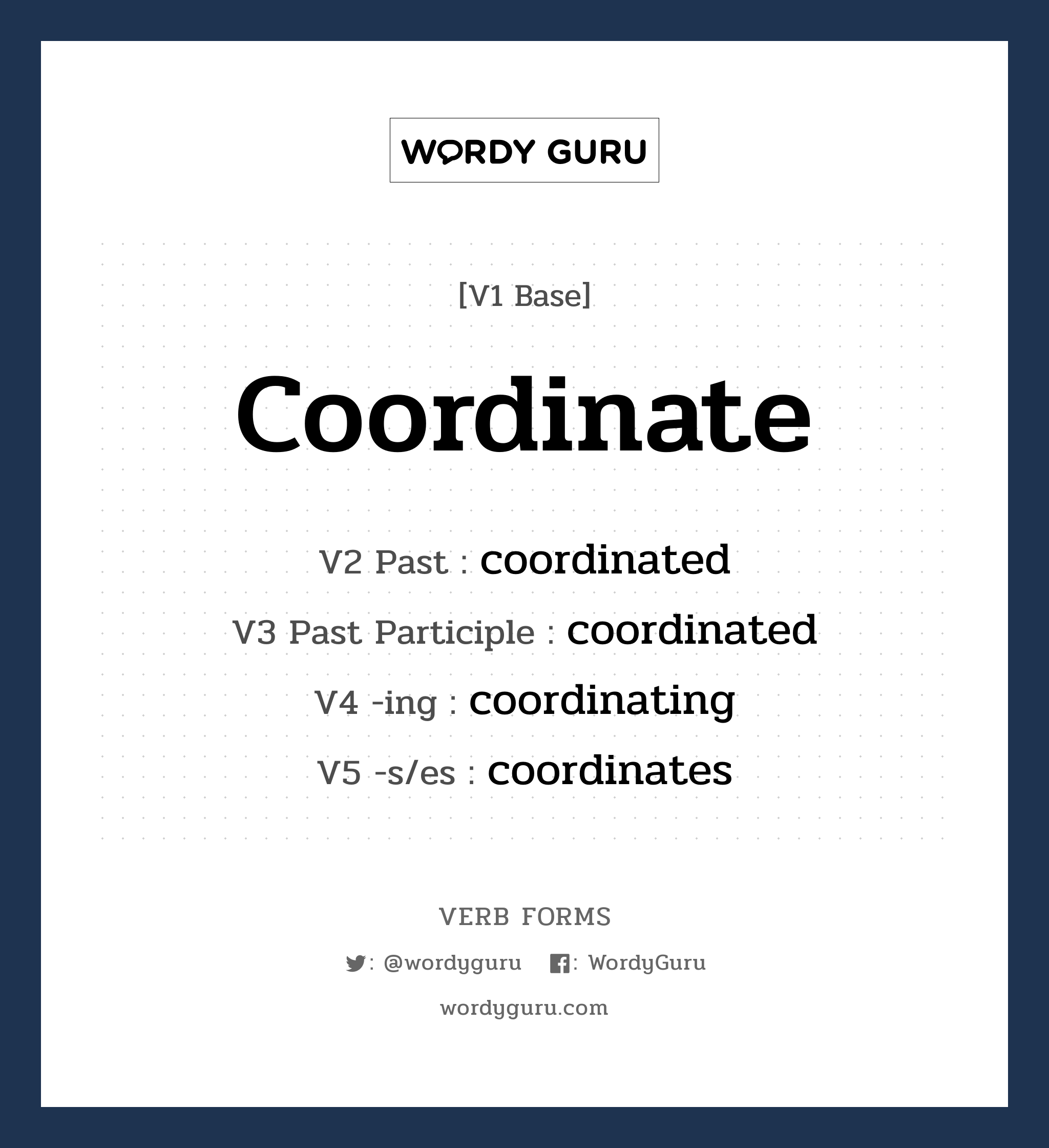 coordinate คำกริยาคืออะไร, V1 Base coordinate V2 Past coordinated V3 Past Participle coordinated V4 -ing coordinating V5 -s/es coordinates หมวด base-form, regular