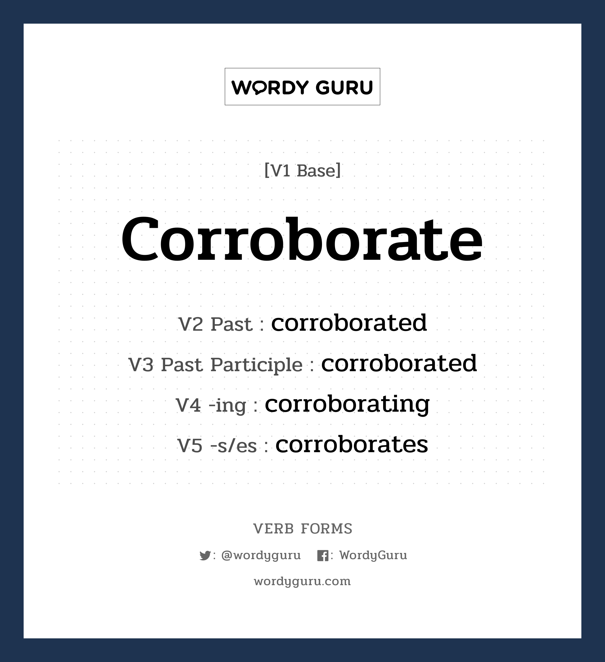 corroborate คำกริยาคืออะไร, V1 Base corroborate V2 Past corroborated V3 Past Participle corroborated V4 -ing corroborating V5 -s/es corroborates หมวด base-form, regular