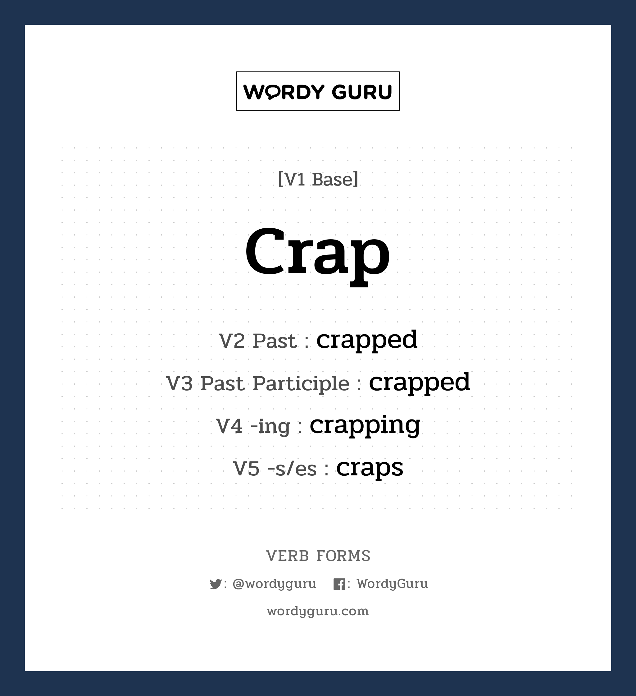 crap คำกริยาคืออะไร, V1 Base crap V2 Past crapped V3 Past Participle crapped V4 -ing crapping V5 -s/es craps หมวด base-form, regular