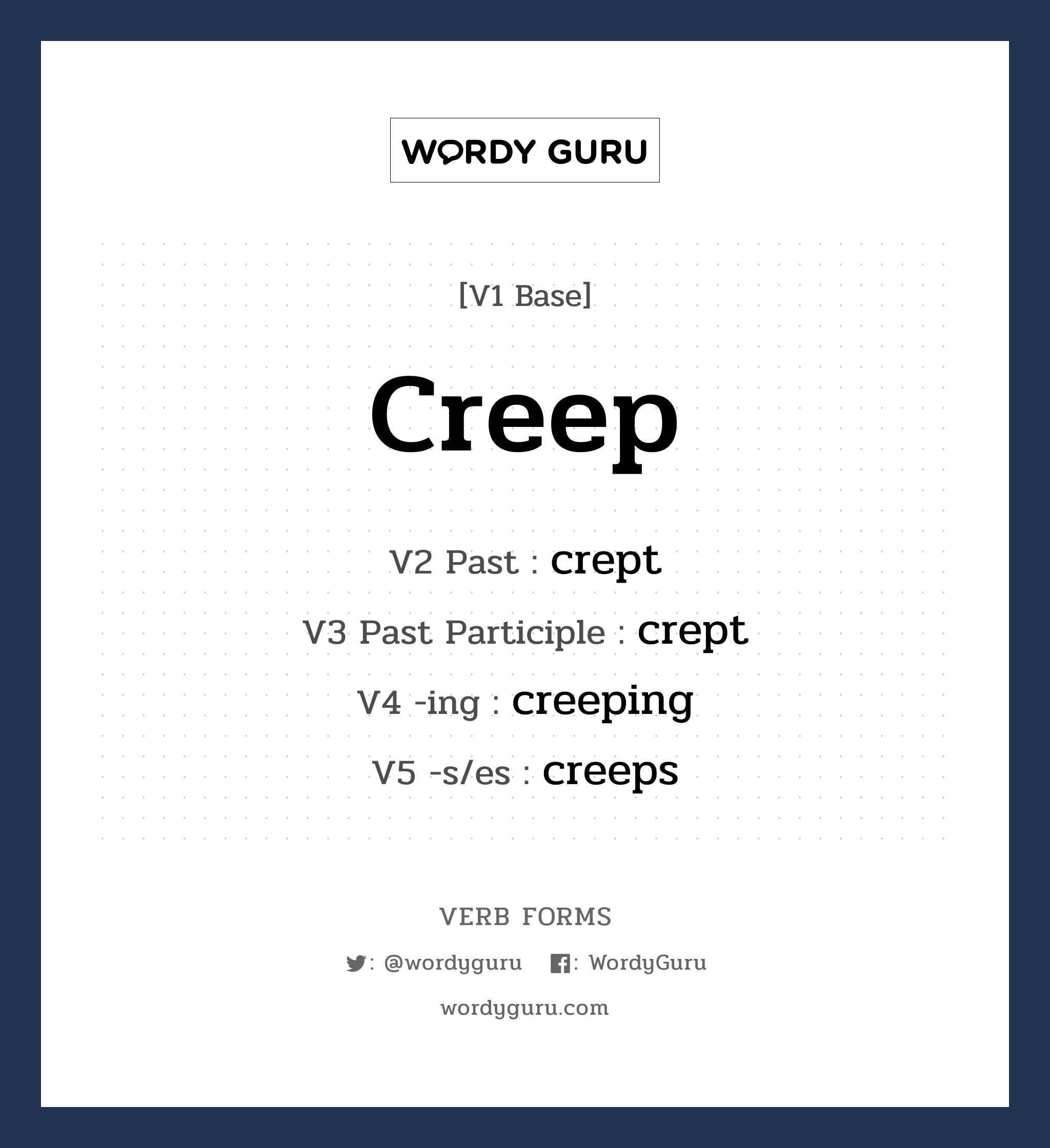 creep คำกริยาคืออะไร, V1 Base creep V2 Past crept V3 Past Participle crept V4 -ing creeping V5 -s/es creeps หมวด base-form, irregular