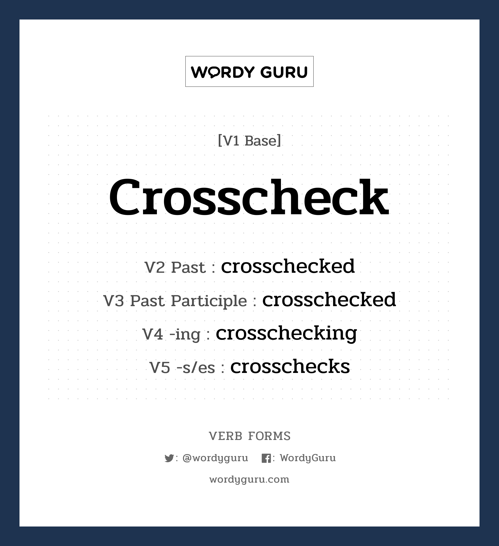 crosscheck คำกริยาคืออะไร, V1 Base crosscheck V2 Past crosschecked V3 Past Participle crosschecked V4 -ing crosschecking V5 -s/es crosschecks หมวด base-form, regular