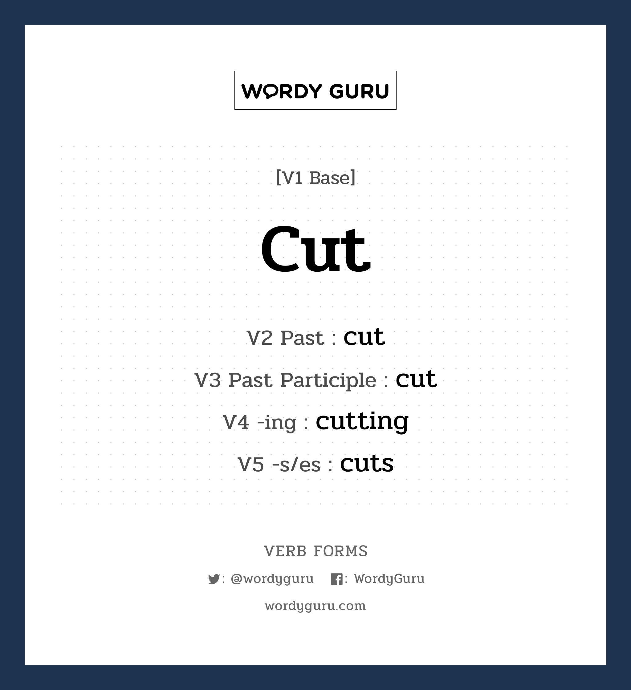 cut คำกริยาคืออะไร, V1 Base cut V2 Past cut V3 Past Participle cut V4 -ing cutting V5 -s/es cuts หมวด base-form, irregular