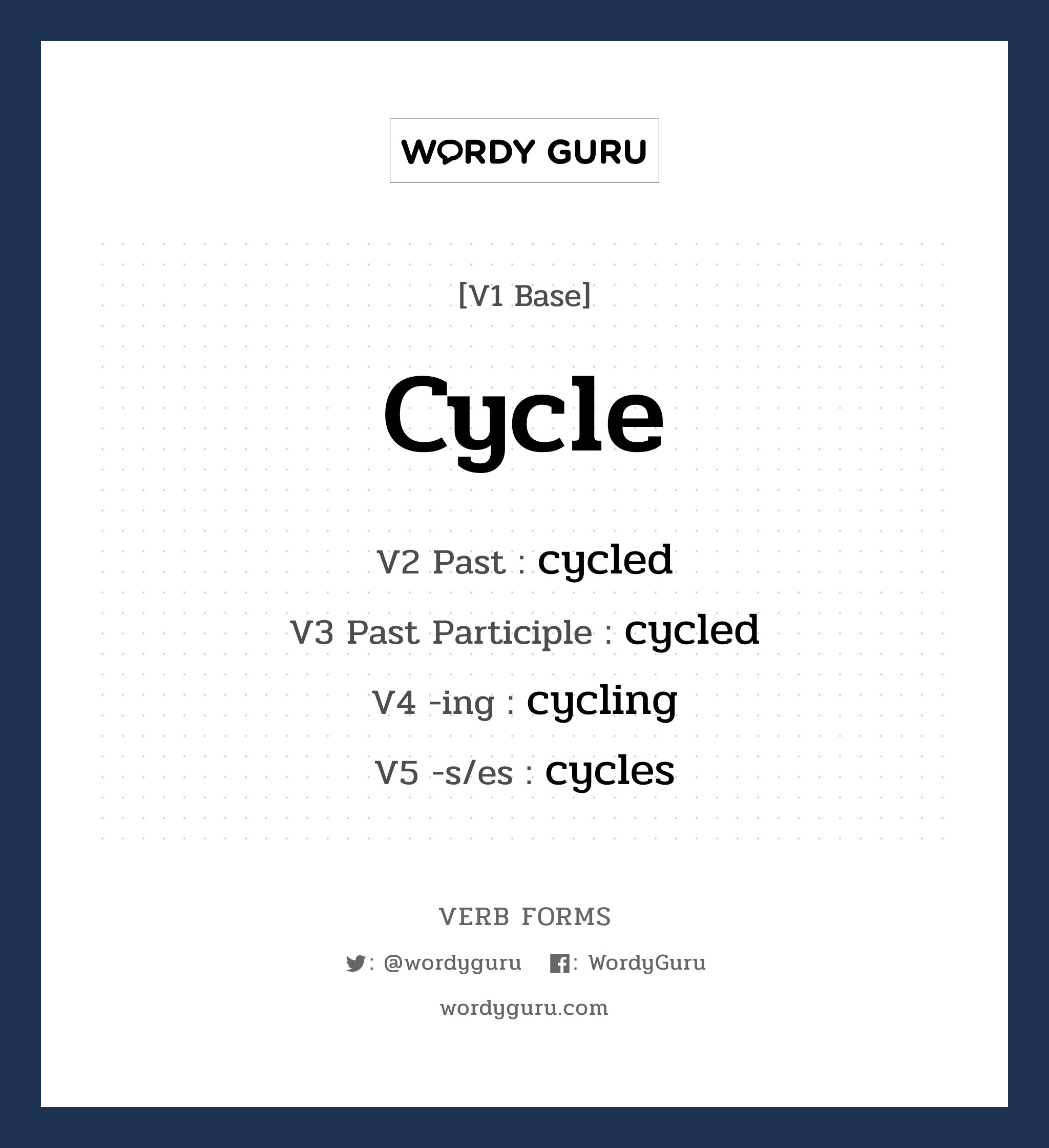 cycle คำกริยาคืออะไร, V1 Base cycle V2 Past cycled V3 Past Participle cycled V4 -ing cycling V5 -s/es cycles หมวด base-form, regular