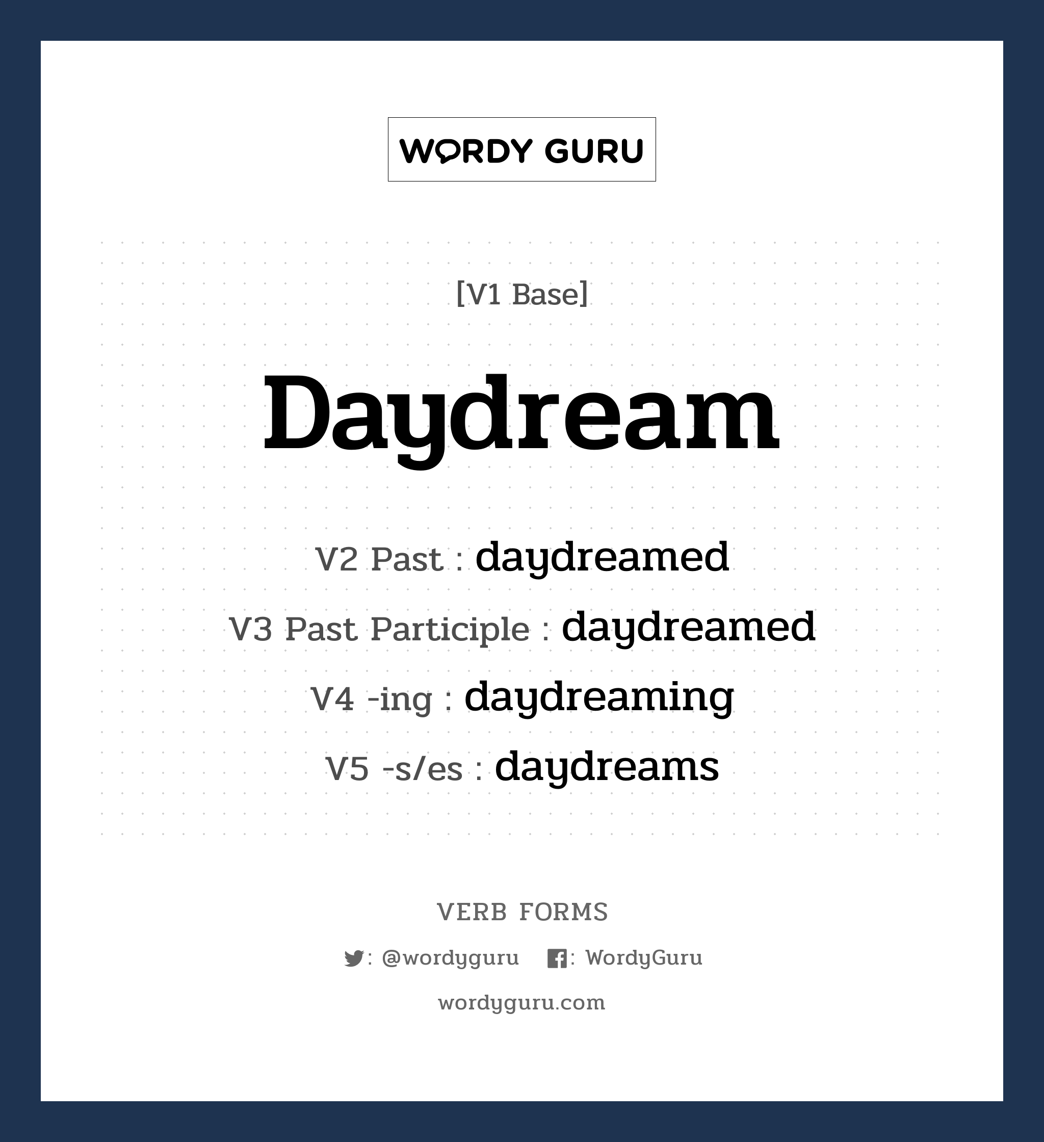 daydream คำกริยาคืออะไร, V1 Base daydream V2 Past daydreamed V3 Past Participle daydreamed V4 -ing daydreaming V5 -s/es daydreams หมวด base-form, regular