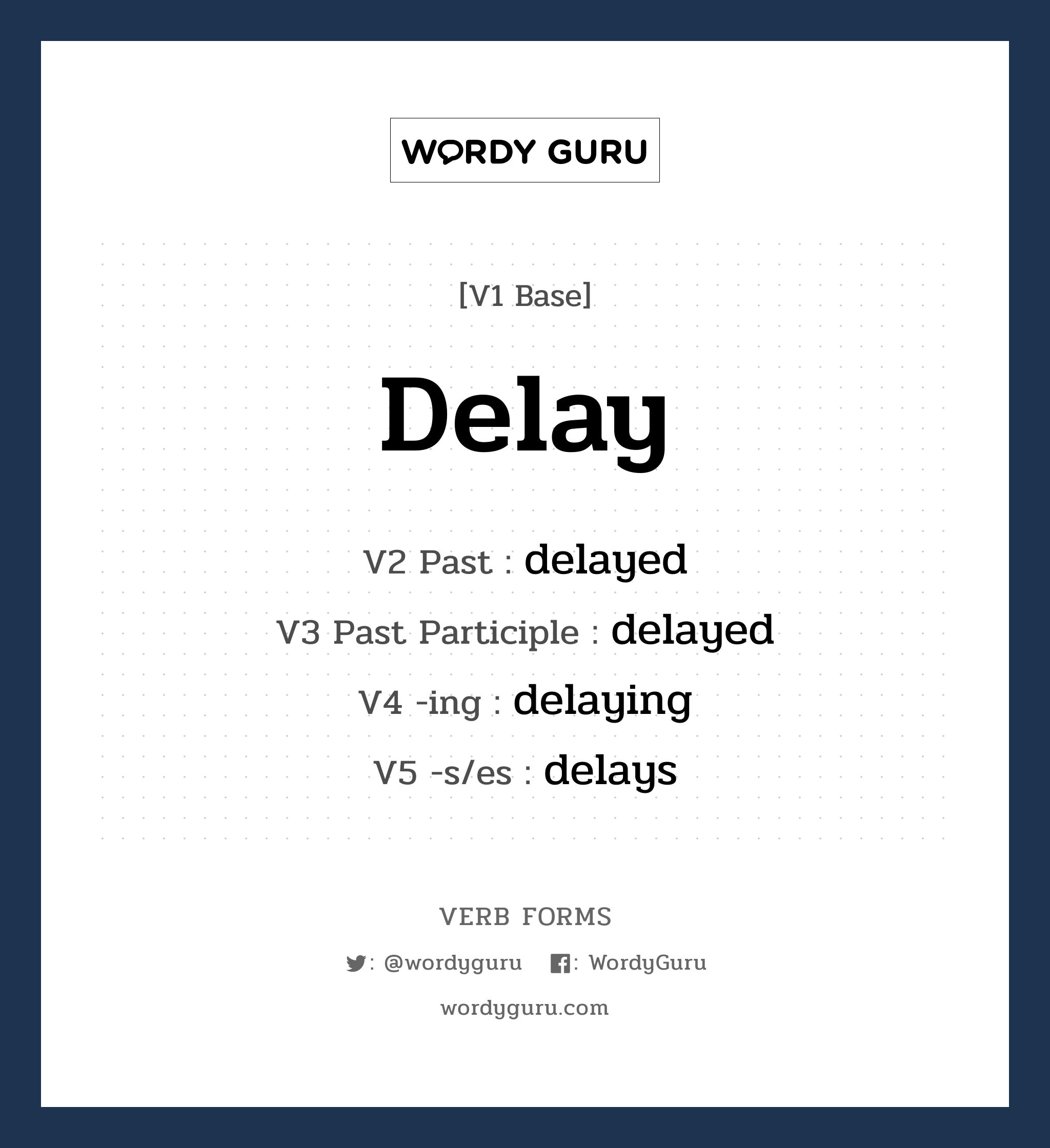 delay คำกริยาคืออะไร, V1 Base delay V2 Past delayed V3 Past Participle delayed V4 -ing delaying V5 -s/es delays หมวด base-form, regular