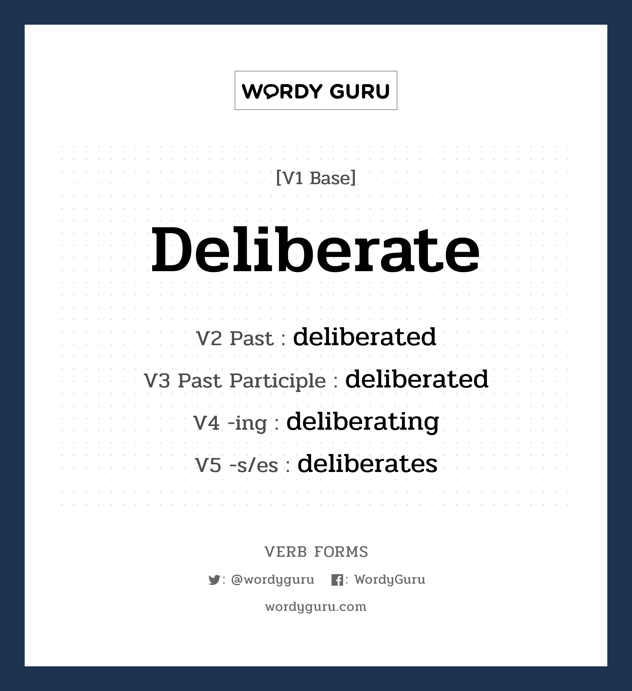 deliberate คำกริยาคืออะไร, V1 Base deliberate V2 Past deliberated V3 Past Participle deliberated V4 -ing deliberating V5 -s/es deliberates หมวด base-form, regular