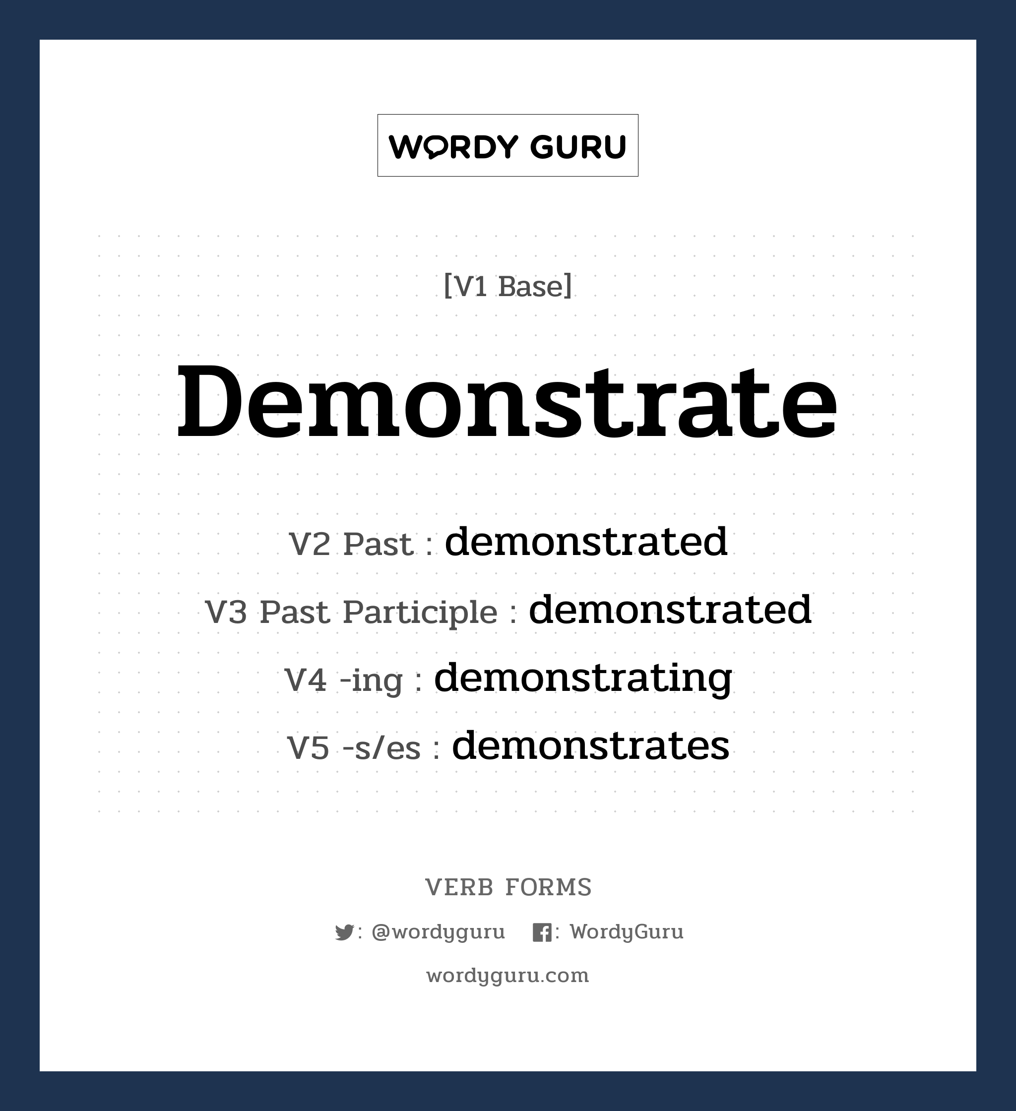 demonstrate คำกริยาคืออะไร, V1 Base demonstrate V2 Past demonstrated V3 Past Participle demonstrated V4 -ing demonstrating V5 -s/es demonstrates หมวด base-form, regular