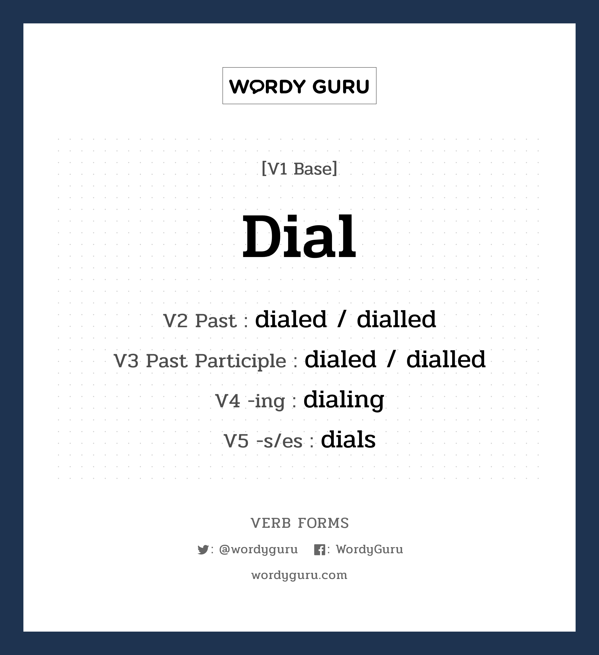 dial คำกริยาคืออะไร, V1 Base dial V2 Past dialed / dialled V3 Past Participle dialed / dialled V4 -ing dialing V5 -s/es dials หมวด base-form, regular