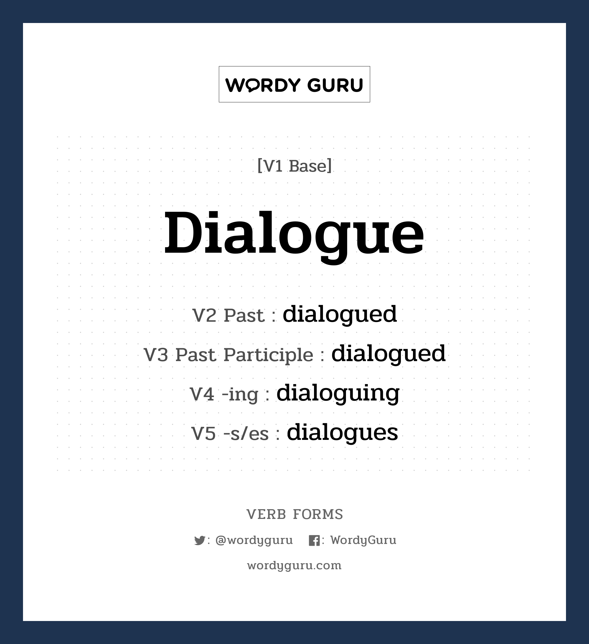 dialogue คำกริยาคืออะไร, V1 Base dialogue V2 Past dialogued V3 Past Participle dialogued V4 -ing dialoguing V5 -s/es dialogues หมวด base-form, regular