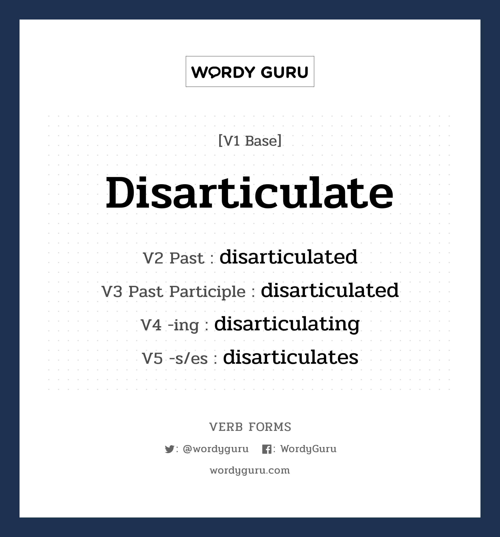 disarticulate คำกริยาคืออะไร, V1 Base disarticulate V2 Past disarticulated V3 Past Participle disarticulated V4 -ing disarticulating V5 -s/es disarticulates หมวด base-form, regular