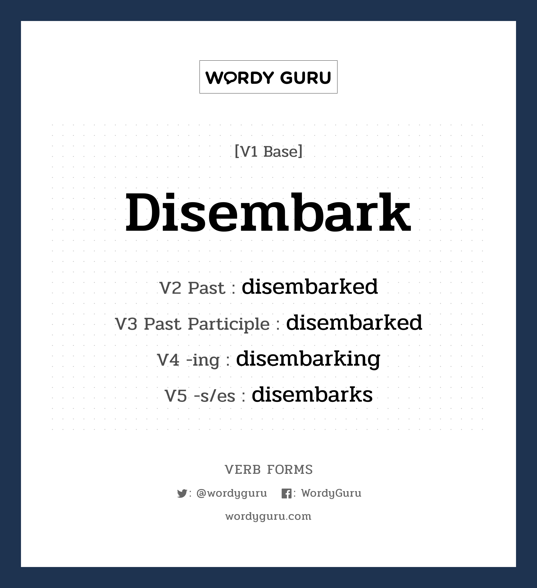disembark คำกริยาคืออะไร, V1 Base disembark V2 Past disembarked V3 Past Participle disembarked V4 -ing disembarking V5 -s/es disembarks หมวด base-form, regular