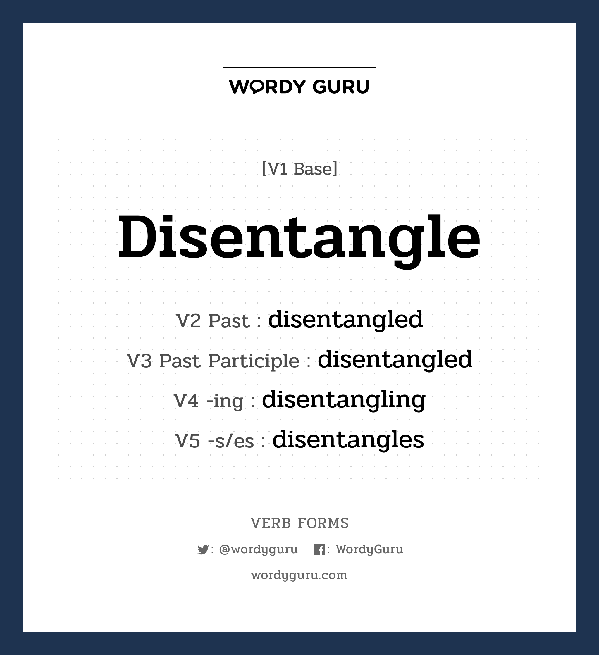 disentangle คำกริยาคืออะไร, V1 Base disentangle V2 Past disentangled V3 Past Participle disentangled V4 -ing disentangling V5 -s/es disentangles หมวด base-form, regular