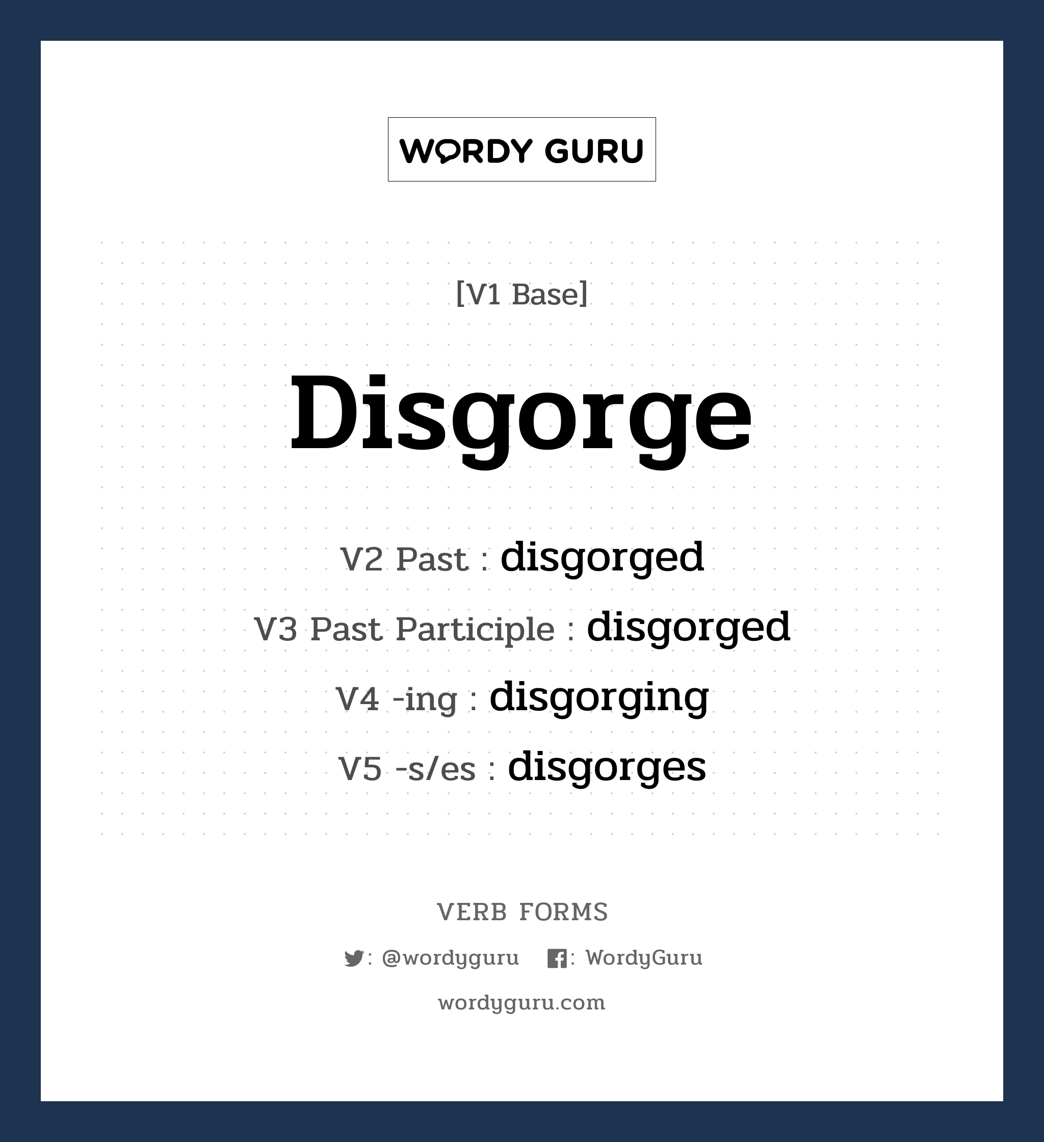 disgorge คำกริยาคืออะไร, V1 Base disgorge V2 Past disgorged V3 Past Participle disgorged V4 -ing disgorging V5 -s/es disgorges หมวด base-form, regular