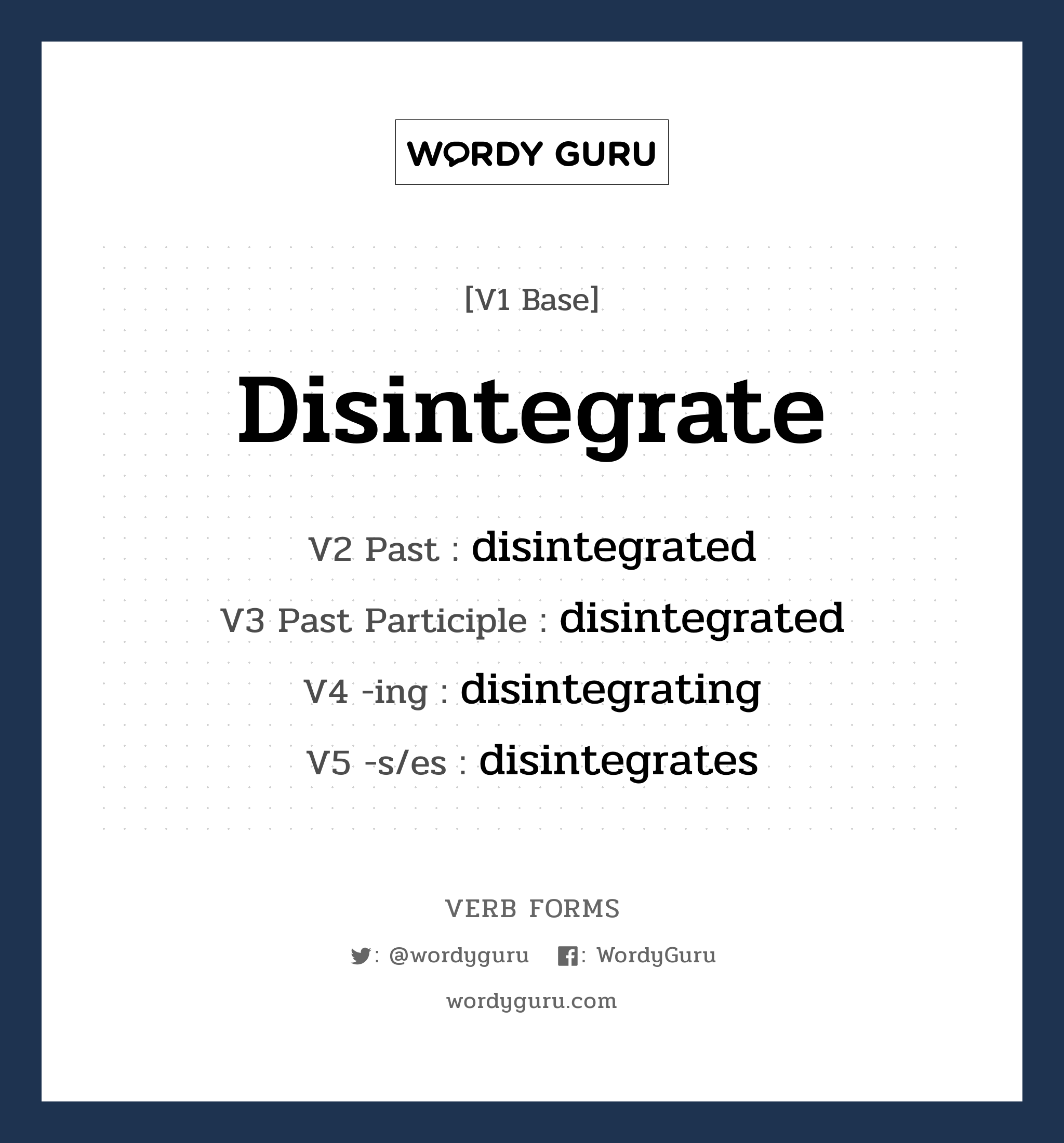 disintegrate คำกริยาคืออะไร, V1 Base disintegrate V2 Past disintegrated V3 Past Participle disintegrated V4 -ing disintegrating V5 -s/es disintegrates หมวด base-form, regular