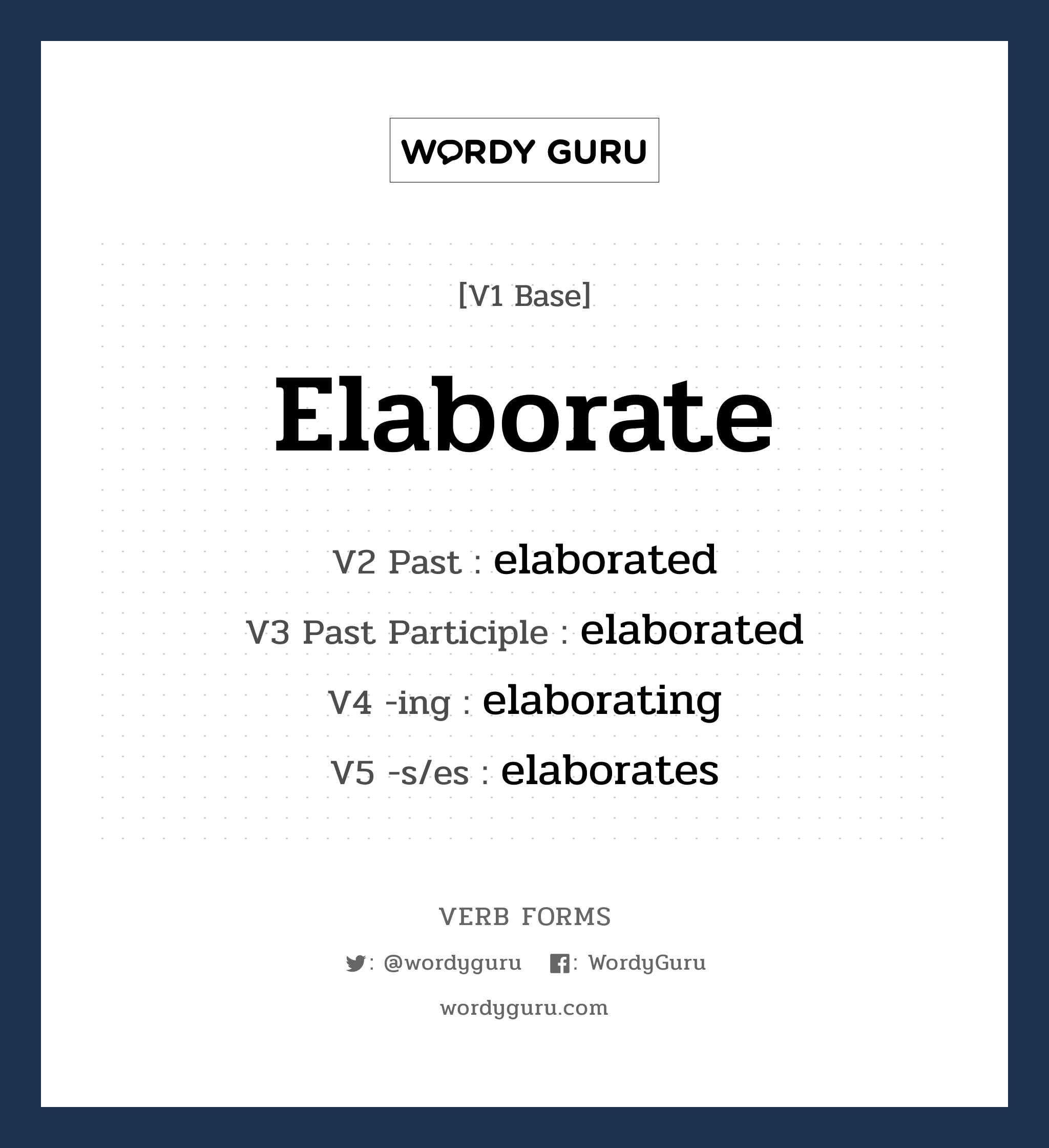 elaborate คำกริยาคืออะไร, V1 Base elaborate V2 Past elaborated V3 Past Participle elaborated V4 -ing elaborating V5 -s/es elaborates หมวด base-form, regular