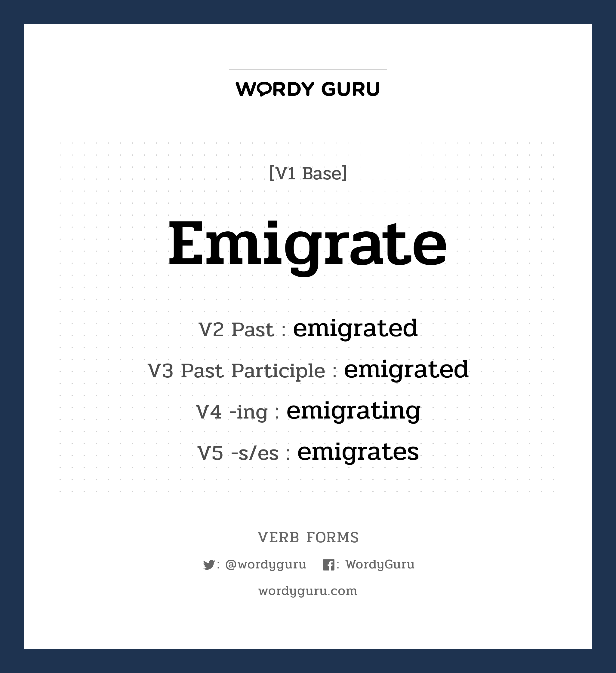 emigrate คำกริยาคืออะไร, V1 Base emigrate V2 Past emigrated V3 Past Participle emigrated V4 -ing emigrating V5 -s/es emigrates หมวด base-form, regular