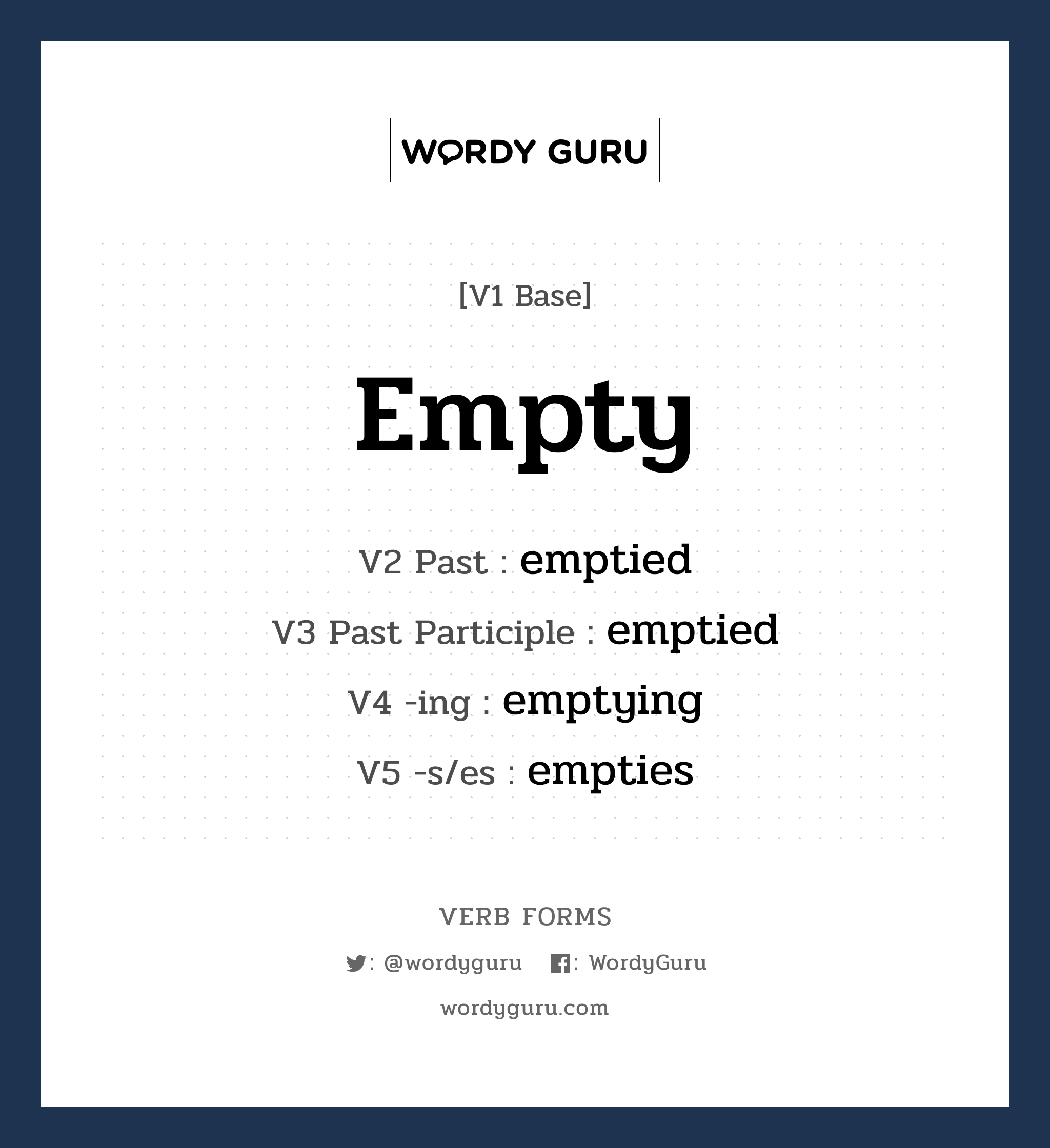 empty คำกริยาคืออะไร, V1 Base empty V2 Past emptied V3 Past Participle emptied V4 -ing emptying V5 -s/es empties หมวด base-form, regular