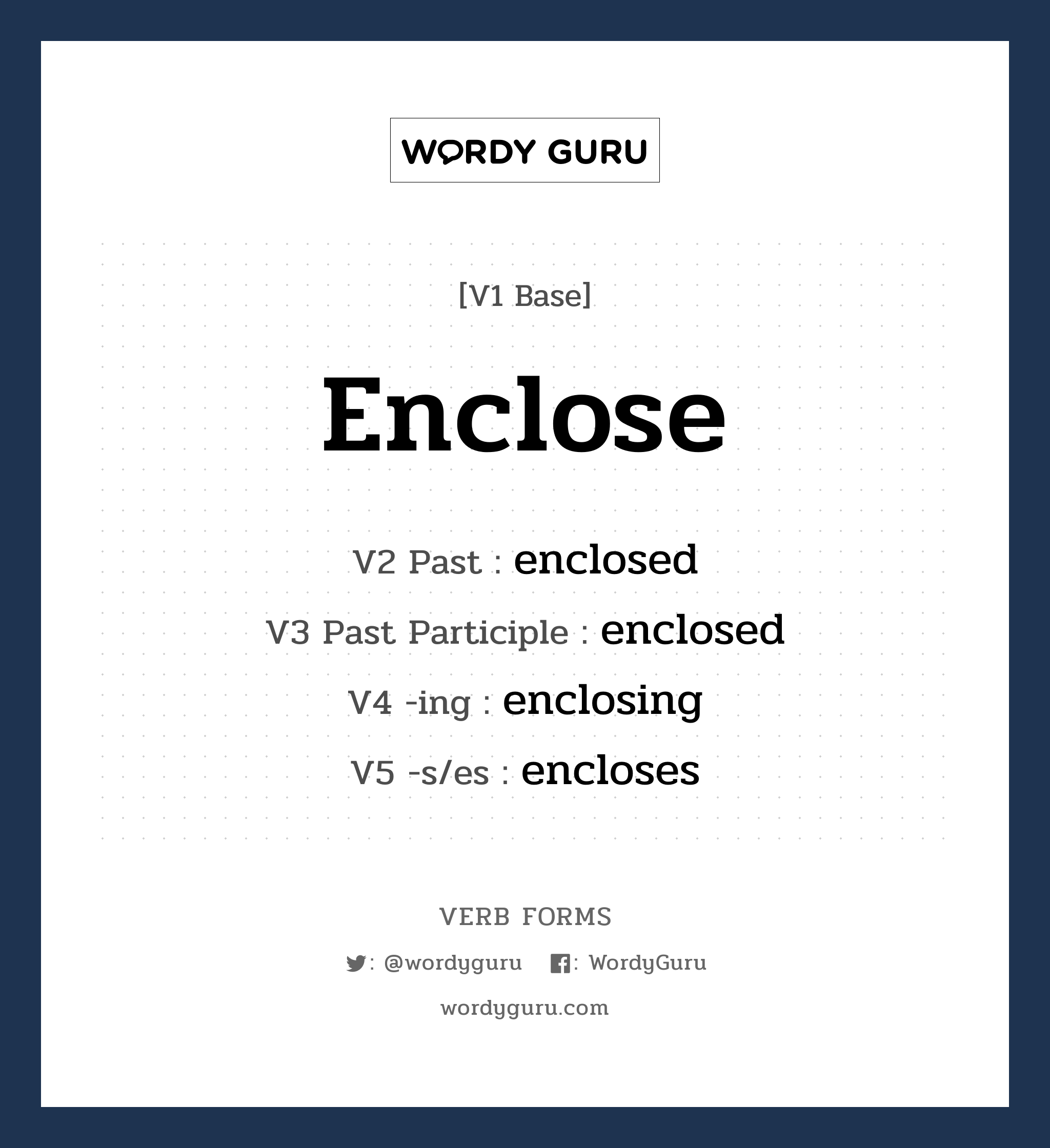 enclose คำกริยาคืออะไร, V1 Base enclose V2 Past enclosed V3 Past Participle enclosed V4 -ing enclosing V5 -s/es encloses หมวด base-form, regular