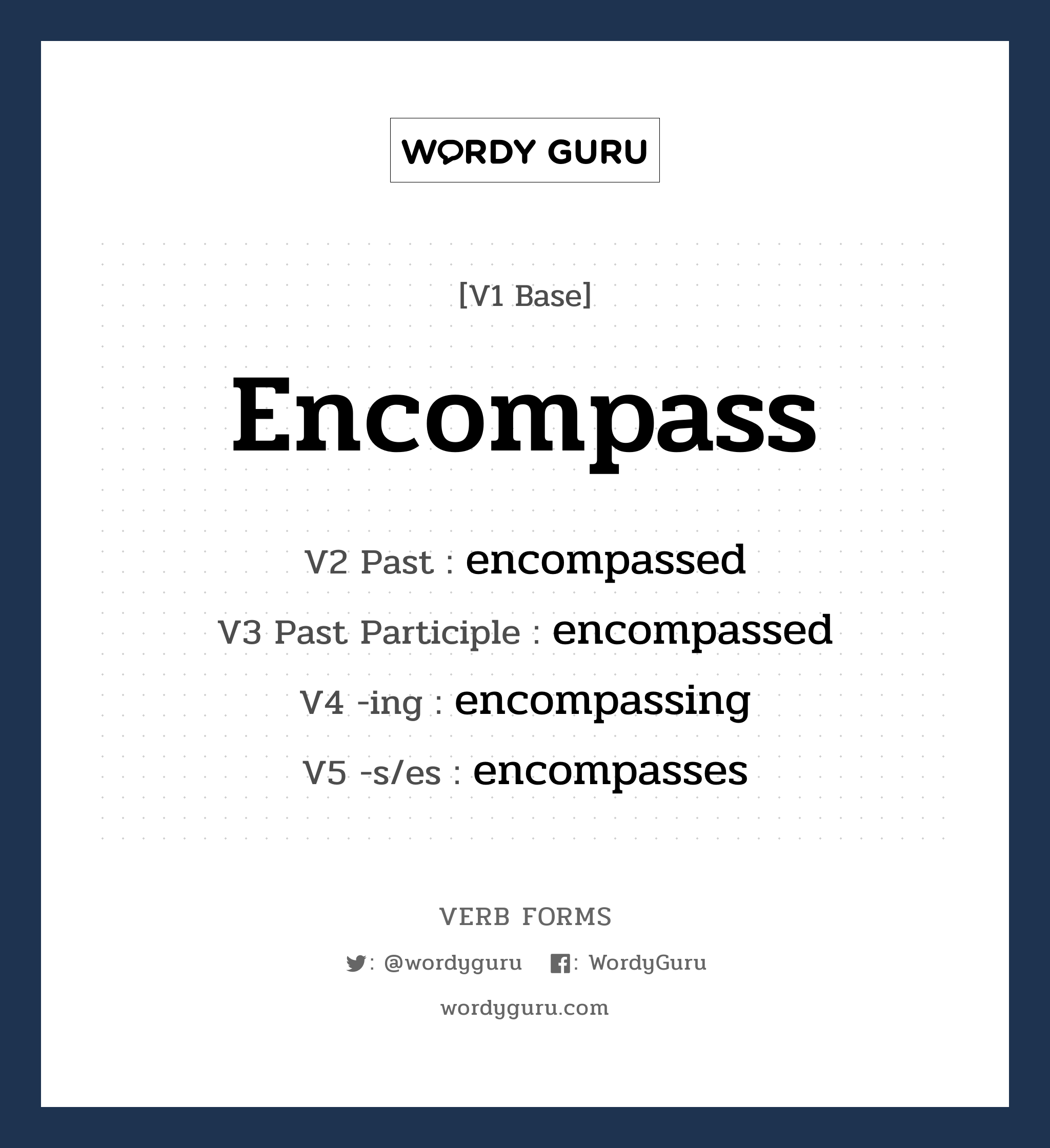 encompass คำกริยาคืออะไร, V1 Base encompass V2 Past encompassed V3 Past Participle encompassed V4 -ing encompassing V5 -s/es encompasses หมวด base-form, regular
