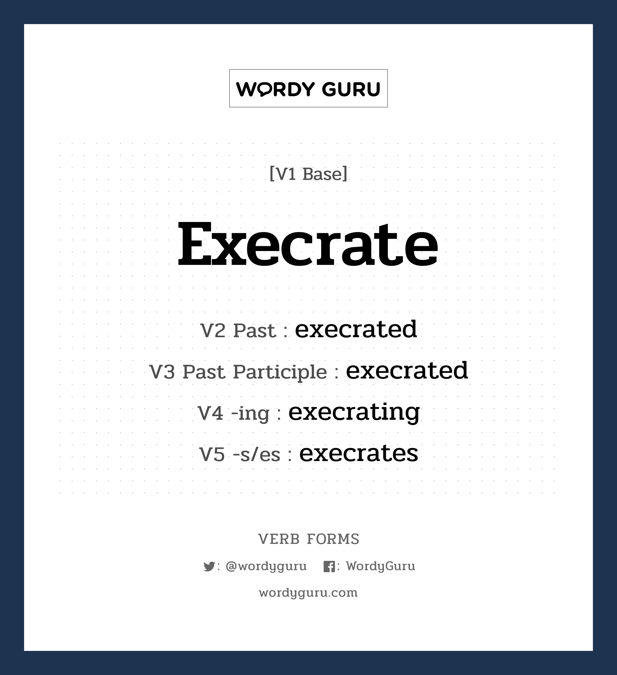 execrate คำกริยาคืออะไร, V1 Base execrate V2 Past execrated V3 Past Participle execrated V4 -ing execrating V5 -s/es execrates หมวด base-form, regular