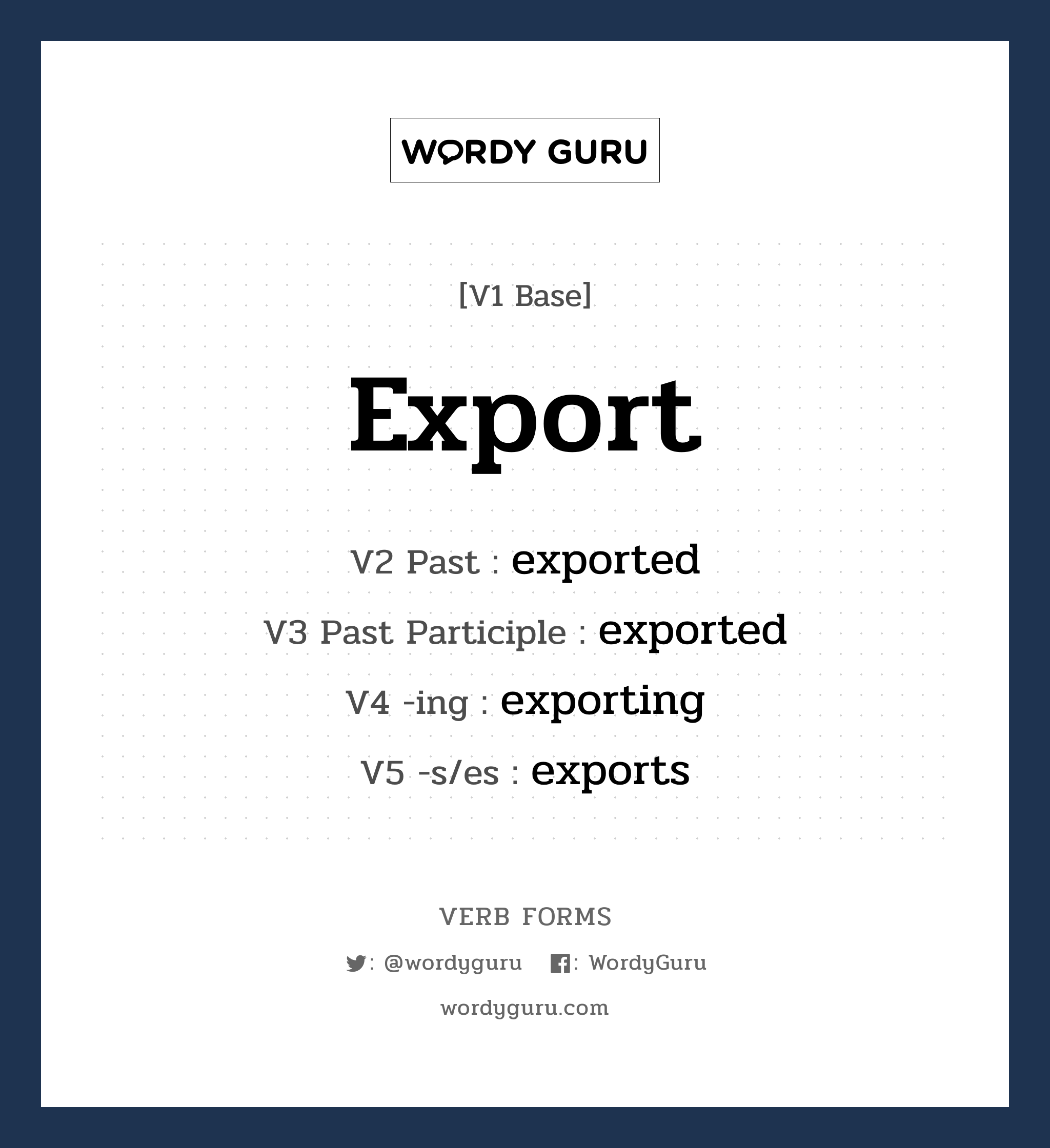 export คำกริยาคืออะไร, V1 Base export V2 Past exported V3 Past Participle exported V4 -ing exporting V5 -s/es exports หมวด base-form, regular