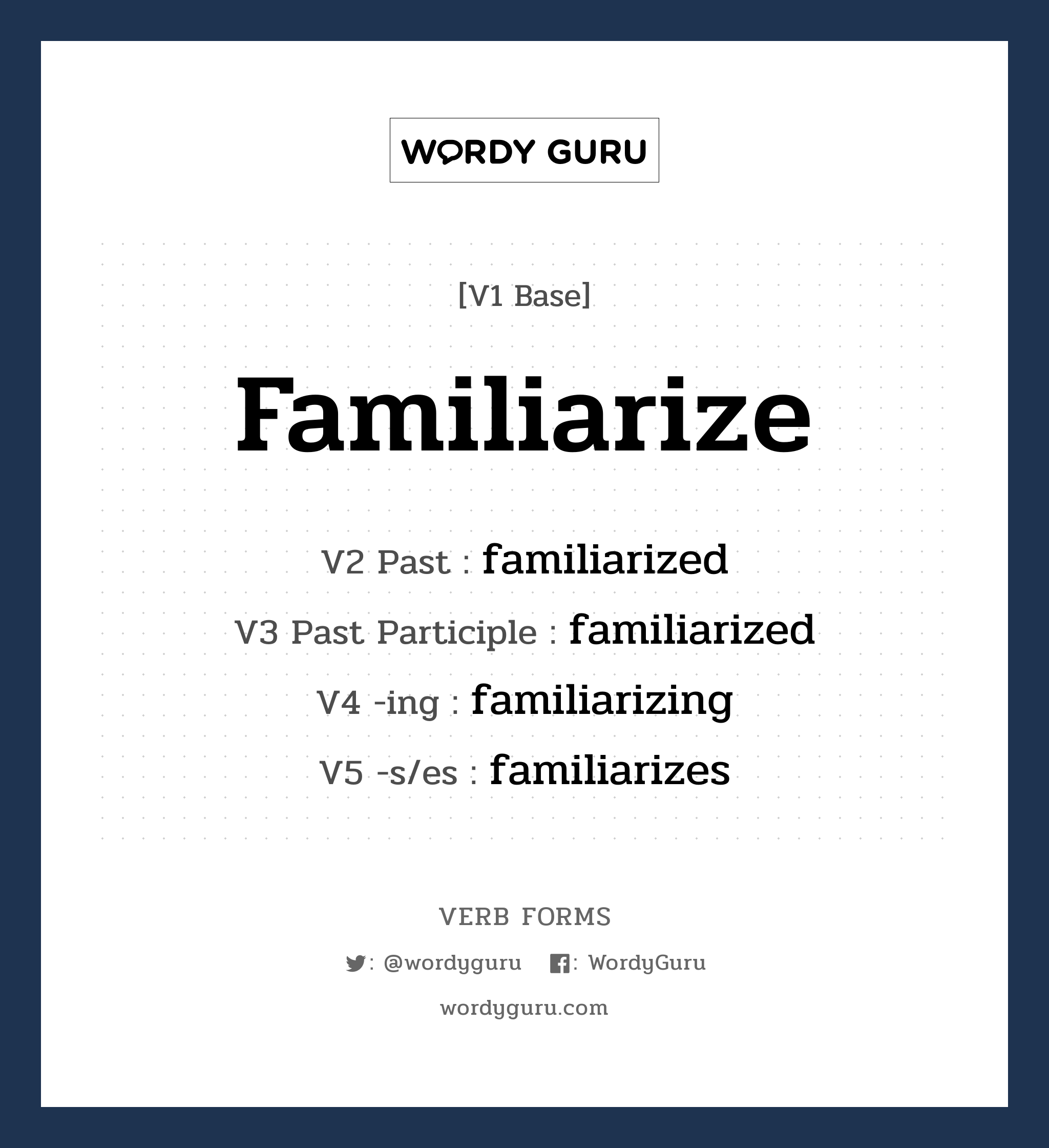 familiarize คำกริยาคืออะไร, V1 Base familiarize V2 Past familiarized V3 Past Participle familiarized V4 -ing familiarizing V5 -s/es familiarizes หมวด base-form, regular