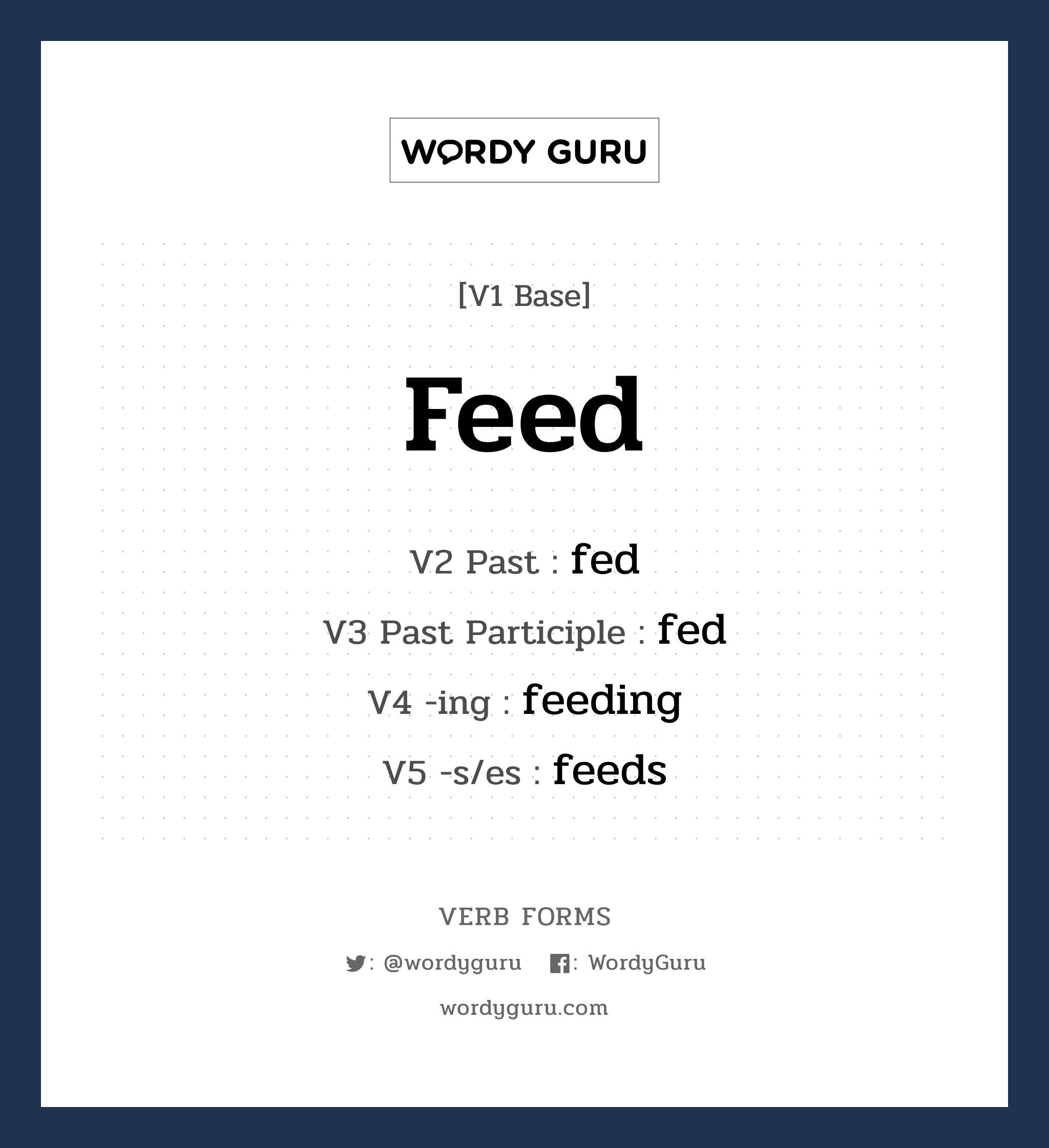 feed คำกริยาคืออะไร, V1 Base feed V2 Past fed V3 Past Participle fed V4 -ing feeding V5 -s/es feeds หมวด base-form, irregular