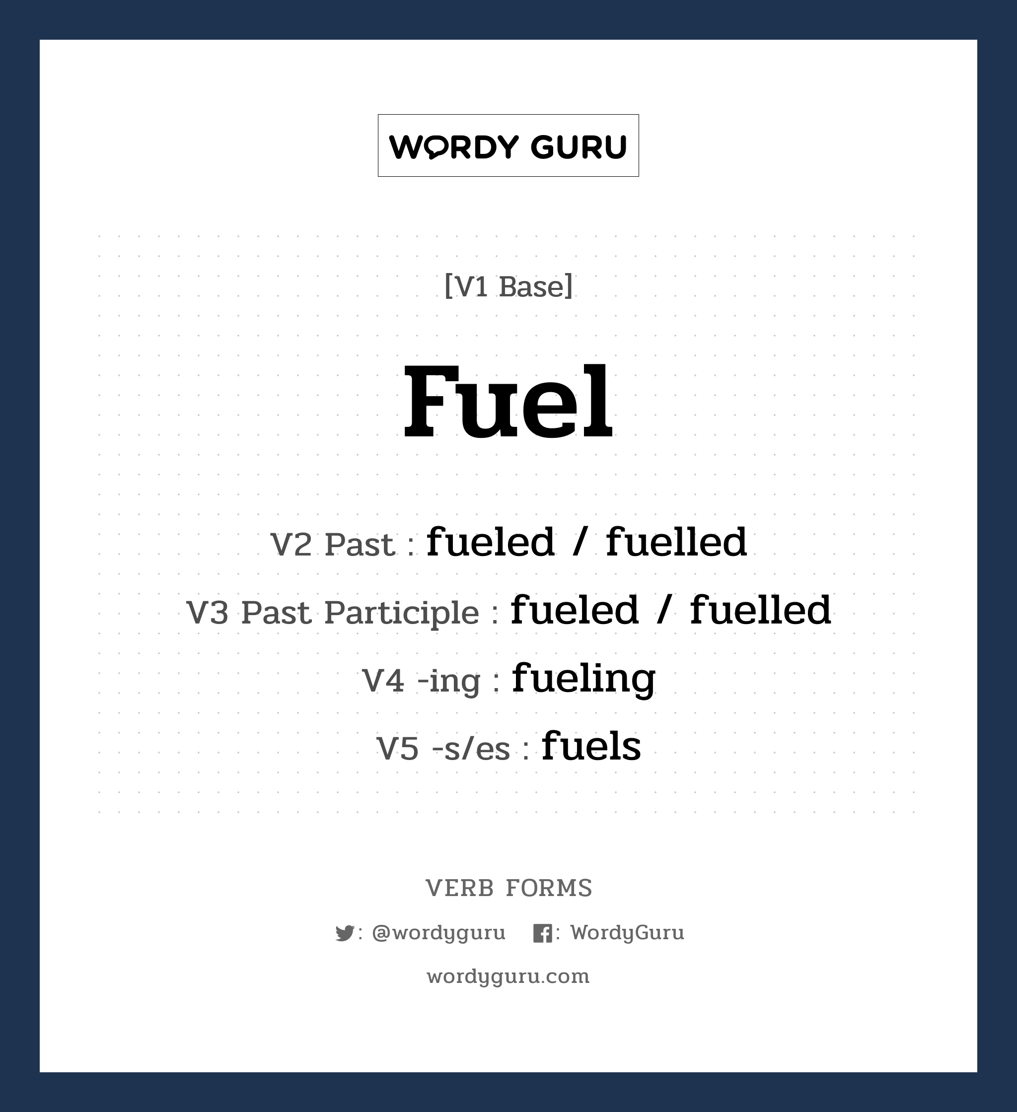 fuel คำกริยาคืออะไร, V1 Base fuel V2 Past fueled / fuelled V3 Past Participle fueled / fuelled V4 -ing fueling V5 -s/es fuels หมวด base-form, regular