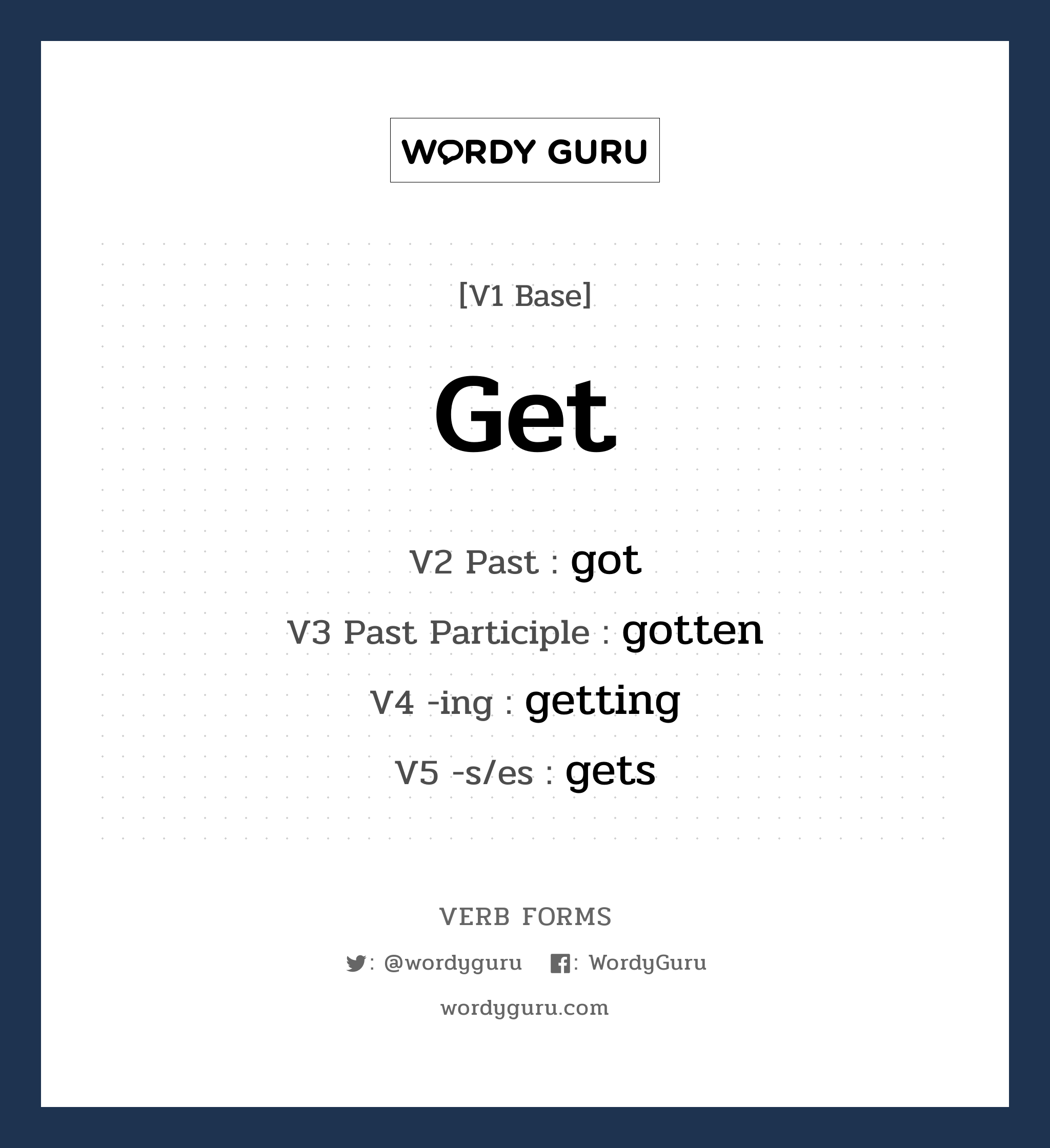 get คำกริยาคืออะไร, V1 Base get V2 Past got V3 Past Participle gotten V4 -ing getting V5 -s/es gets หมวด base-form, irregular