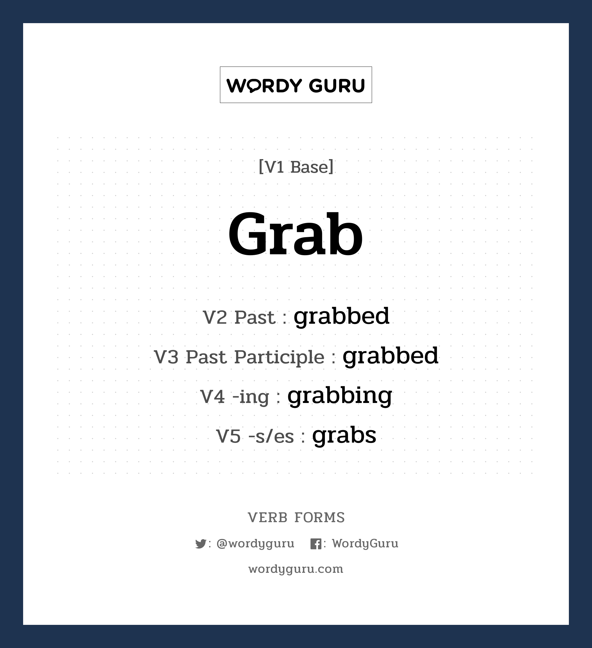 grab คำกริยาคืออะไร, V1 Base grab V2 Past grabbed V3 Past Participle grabbed V4 -ing grabbing V5 -s/es grabs หมวด base-form, regular